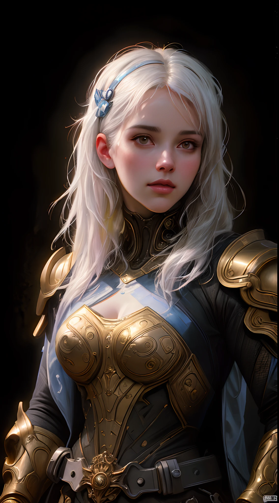 stunning photorealistic portrait photograph of 1 beautiful cyberpunk girl, albino, white shapeless cyberpunk hair, white eyebrows, baroque intricate cyber armor, solo, hyperdetailed painting, luminism, Bar lighting, complex, 4k resolution concept art portrait by Greg Rutkowski, Artgerm, WLOP, Alphonse Mucha, realistic fantasy, fractal isometrics details bioluminescence, beautiful awesome, intricately detailed, cinematic, trending on artstation | Isometric | Centered hypereallistic cover photo awesome full color, dark, gritty, realistic, Alphonse Mucha, Gustav Klimt, ((chiaroscuro background))