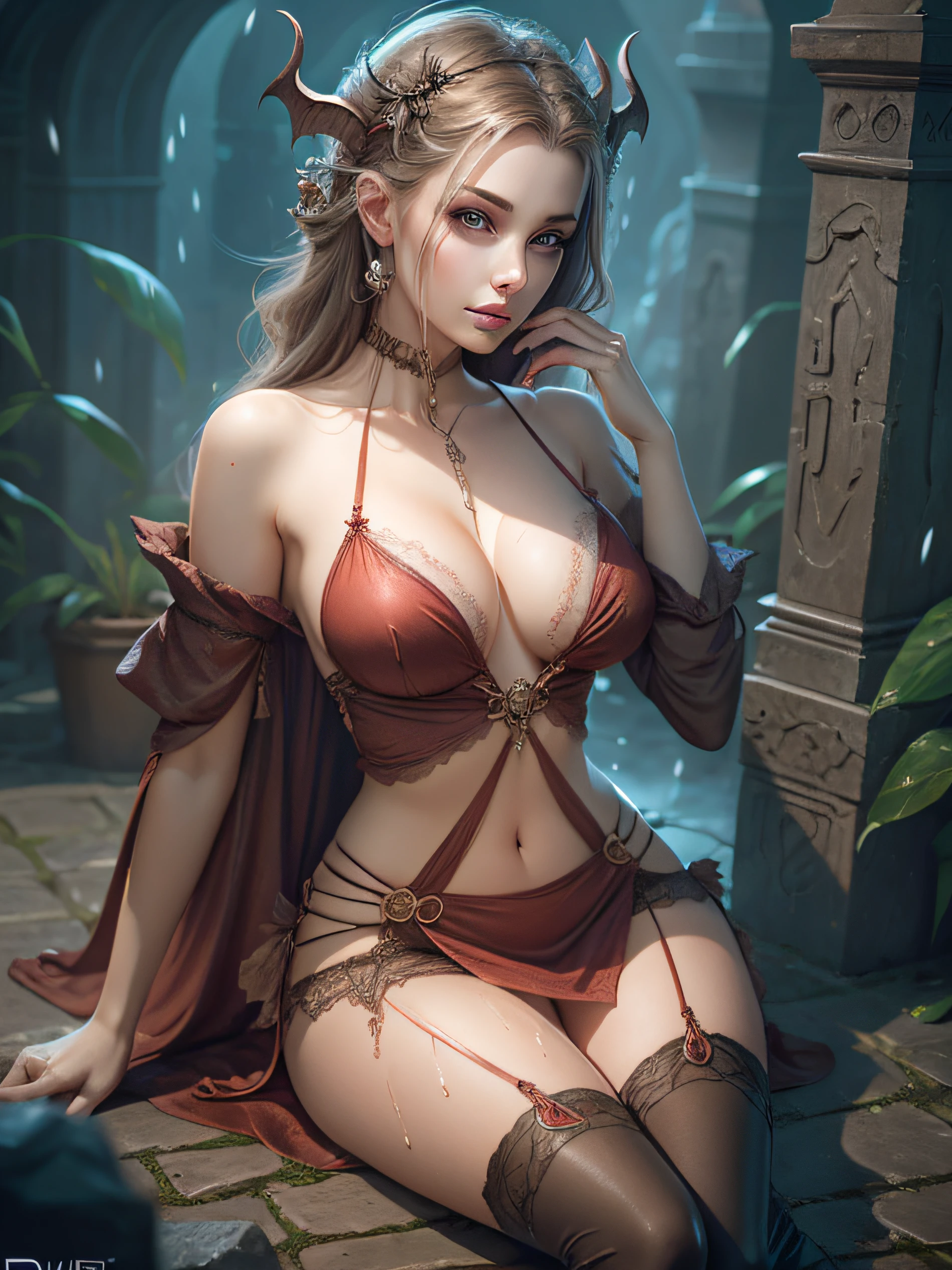 arafed woman in a red lingerie sitting on a stone floor, beautiful succubus, succubus | medieval, succubus, vampire girl, beautiful elegant demon queen, beautiful vampire queen, female vampire, gothic fantasy art, dark fantasy style art, dark fantasy horror art, dark fantasy art, deviantart artstation cgscosiety, succubus in tight short dress, vagina wet,