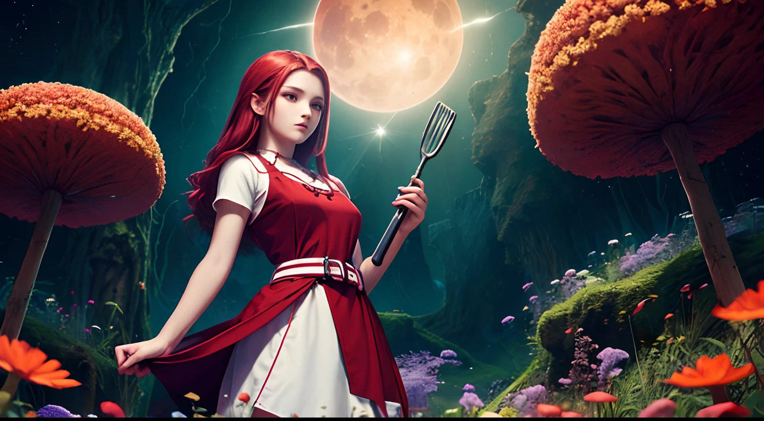 1 saint priest, red and white dress, red eyes, red hair,  girl, Spatula in hand, Best Quality, Ultra High Resolution, high detailed skin, belt, religious necklace, in a fantasy meadow, purple glowing tree, red sun