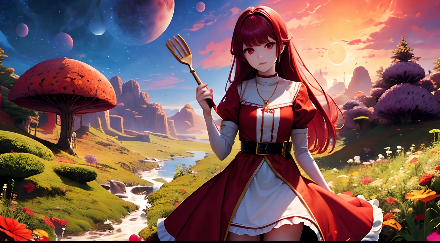 1 saint priest, red and white dress, red eyes, red hair,  girl, Spatula in hand, Best Quality, Ultra High Resolution, high detailed skin, belt, religious necklace, in a fantasy meadow, purple glowing tree, red sun