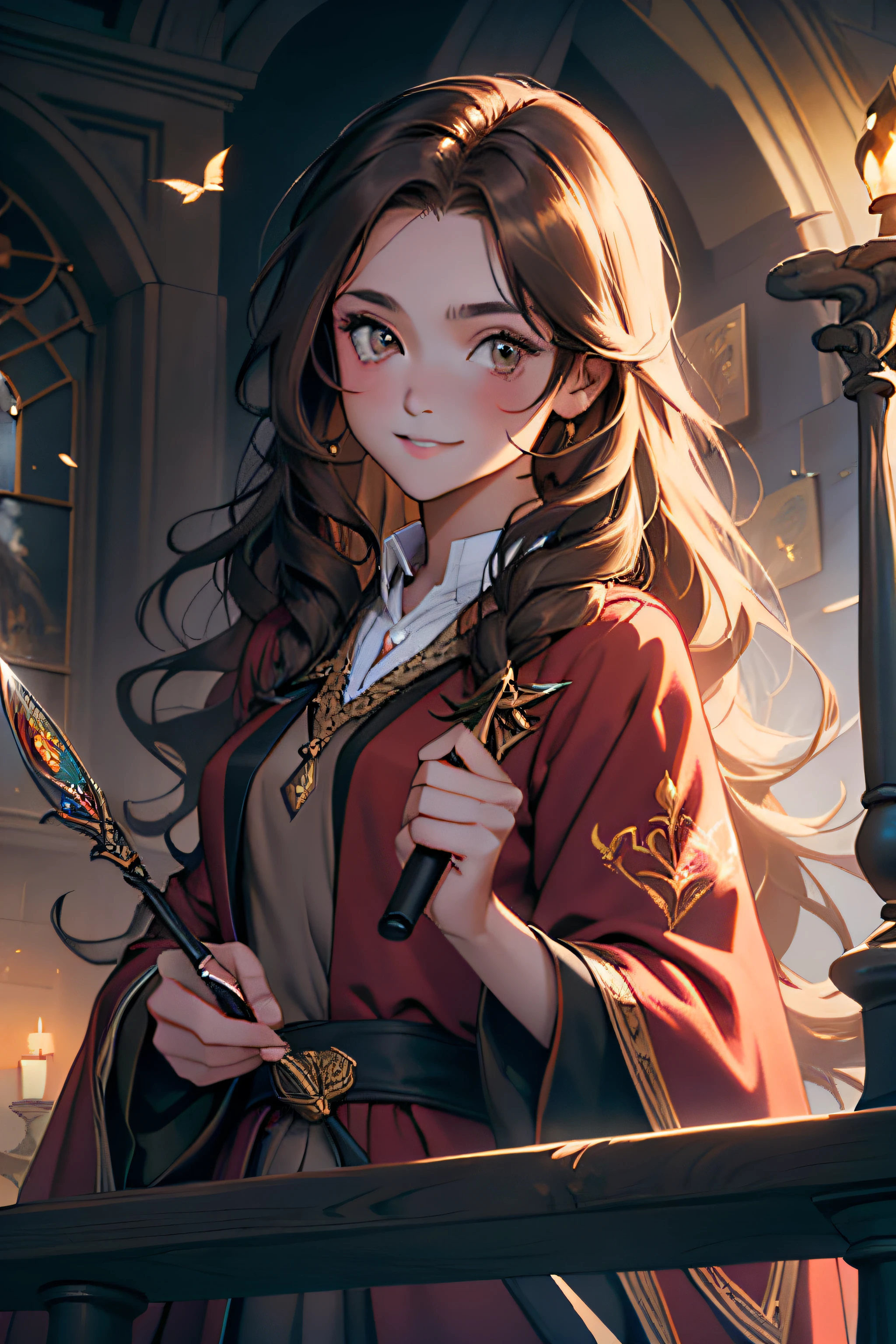((masterpiece:1.2), (best quality:1.2), looking at viewer, bare and fair skin,Wizarding world, shimmer reflected on hair, long hair fluttering in the wind, (wavy long hair), hair middle part, energetic , smily, happy , 15 year old eauropean girl, dark brunette hair, Brown eyes, victorian simple dress, gryffindor, red color, active young girl holding wand, medium B cup breast, charming young lady, Gryffindor robe, harry potter style, light brown eyes