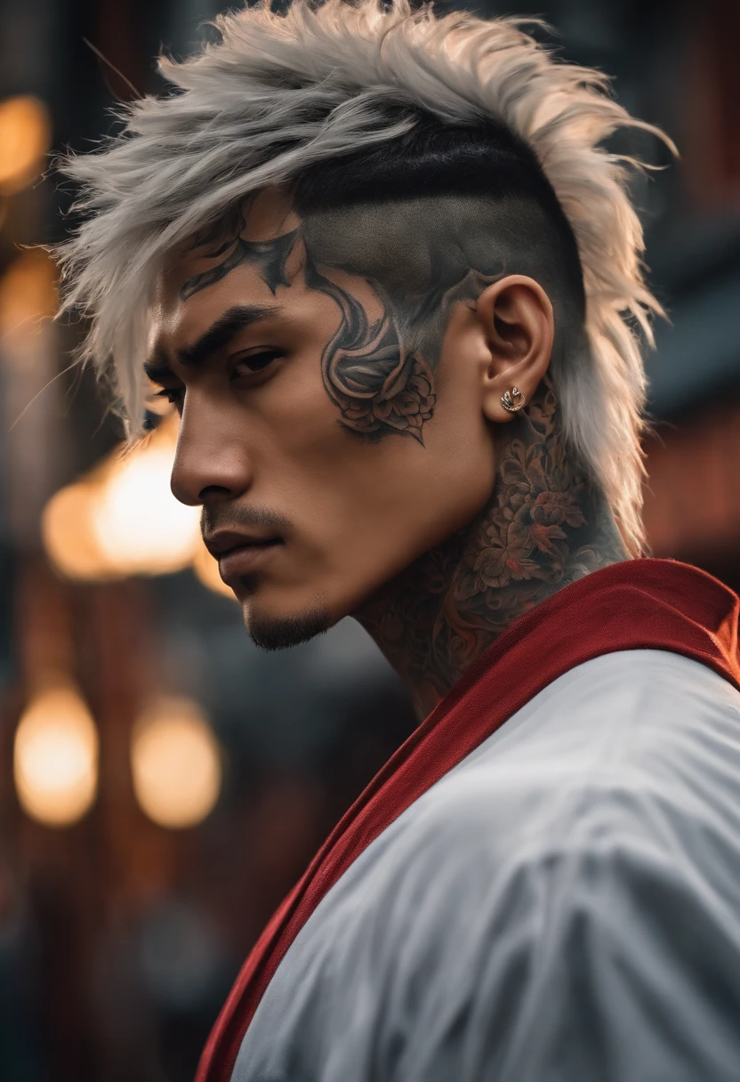 homem anime estilo jujutsu, Gang face tattoos on arm , cabelo preto e roupas vermelhas da yakuza