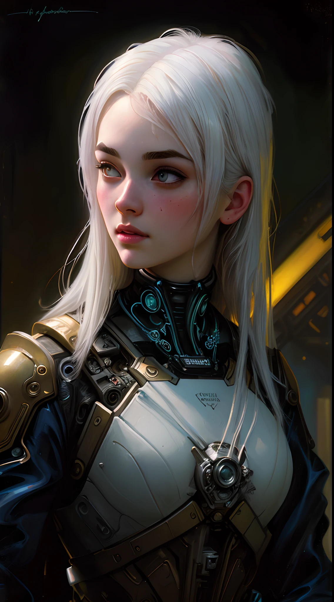 Stunning photorealistic portrait oil painting of 1 beautiful cyberpunk girl, albino, white shapeless cyberpunk hair, ((white eyebrows)), baroque intricate cyber armor, solo, hyperdetailed painting, luminism, Bar lighting, complex, 4k resolution concept art portrait by Greg Rutkowski, Artgerm, WLOP, Alphonse Mucha, realistic fantasy, fractal isometrics details bioluminescence, beautiful awesome, intricately detailed, cinematic, trending on artstation | Isometric | Centered hypereallistic cover photo awesome full color, dark, gritty, realistic, Alphonse Mucha, Gustav Klimt, ((chiaroscuro oil painting gradient background))