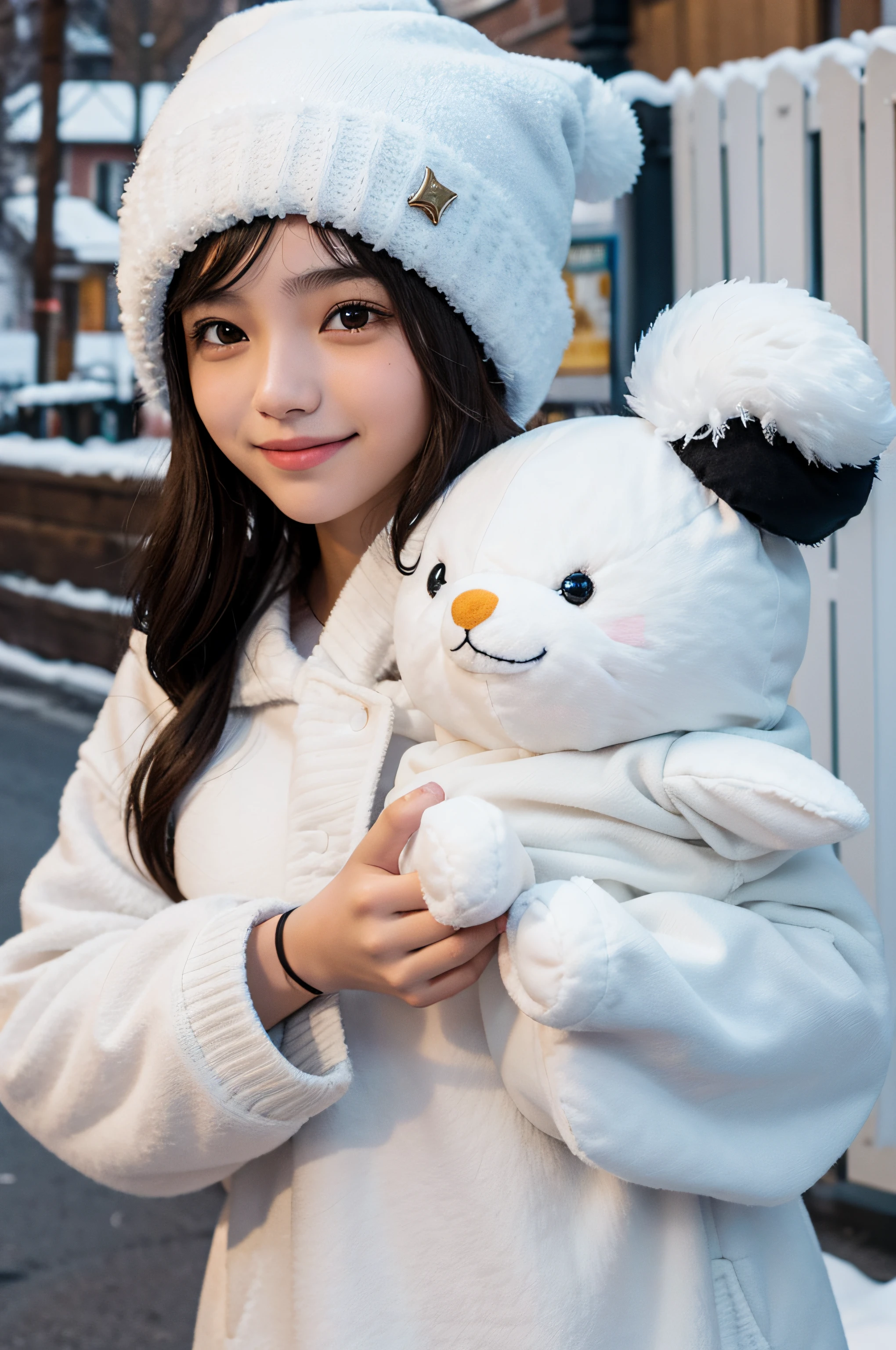 16-year-old girl in a winter hat holding a stuffed animal in her hands, en una calle cubierta de nieve, piel blanca, ojos azules, cabello largo y negro, hermosa sonrisa, ojos grandes, Nearby greenery