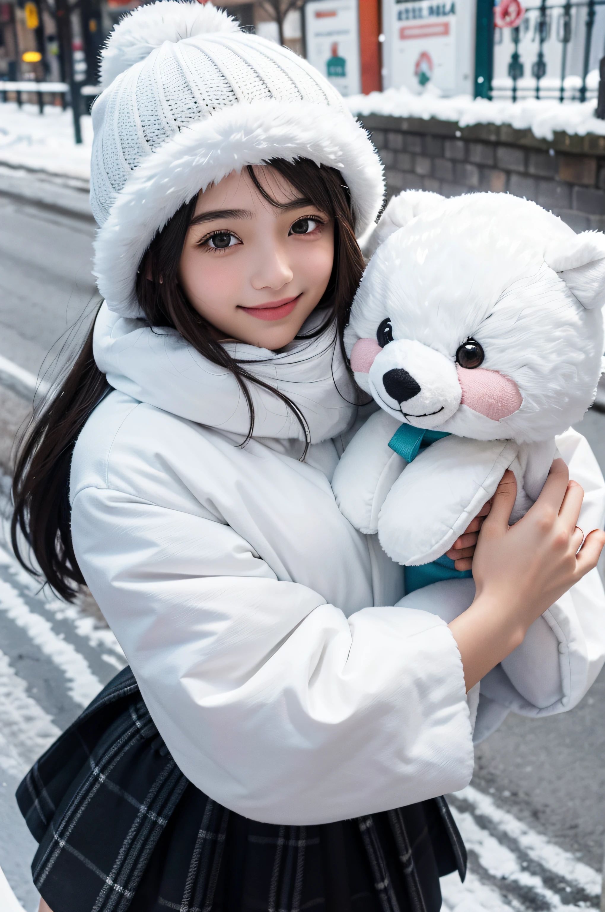 -yeld giin a winter hat holding a stuffed animal in her hands, en una calle cubierta de nieve, piel blanca, ojos azules, cabello largo y negro, hermosa sonrisa, ojos grandes, Nearby greenery