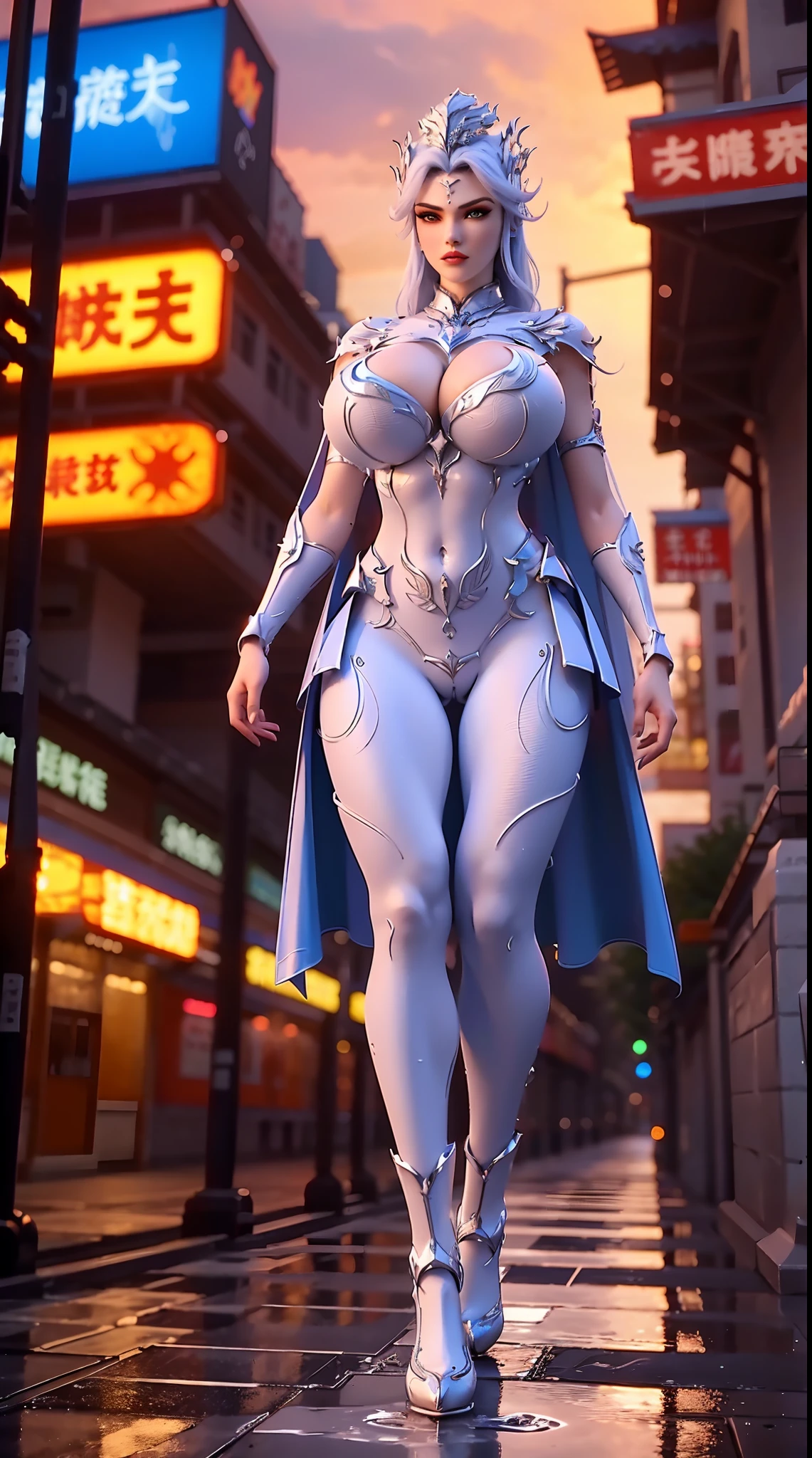 1GIRL, SOLO, COQUETTE, (HAIR ORNAMENT, NECKLACE), (WET HUGE FAKE BOOBS:1.3), (STREET CITY BACKGROUND), (FUTURISTIC ICE PHOENIX MECHA CROP TOP, ROYAL CAPE, CLEAVAGE:1.2), (SKINTIGHT YOGA HOTPANTS, HIGH HEELS:1.2), (PERFECT BODY, FULL BODY VIEW:1.5), (LOOKING AT VIEWER), (WALKING DOWN:1.2), MUSCLE ABS:1.3, ULTRA HIGHT DEFINITION, 8K, 1080P.
