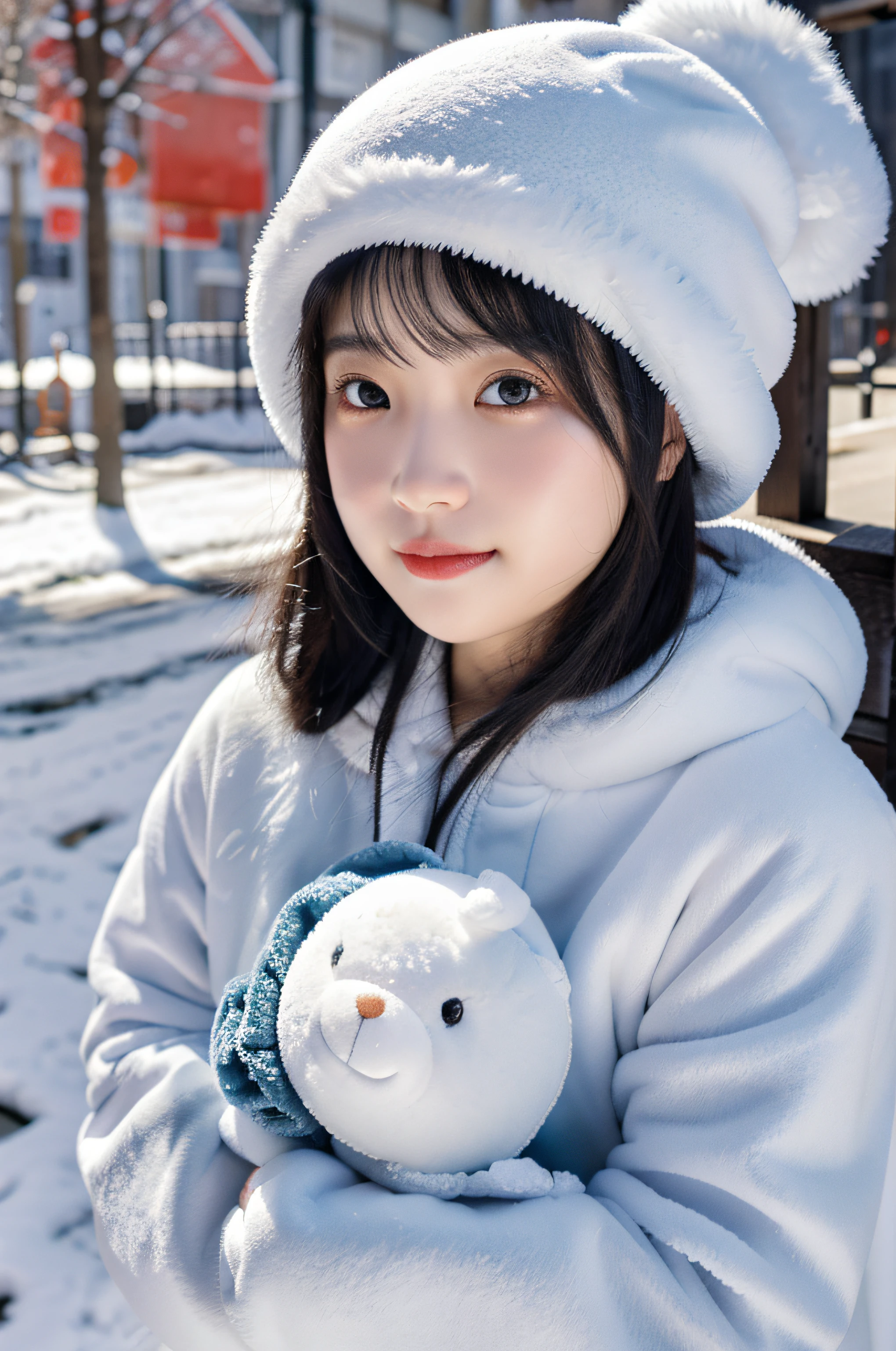 16-year-old girl in a winter hat holding a stuffed animal in her hands, en una calle cubierta de nieve, piel blanca, ojos azules, cabello largo y negro, hermosa sonrisa, ojos grandes, Nearby greenery