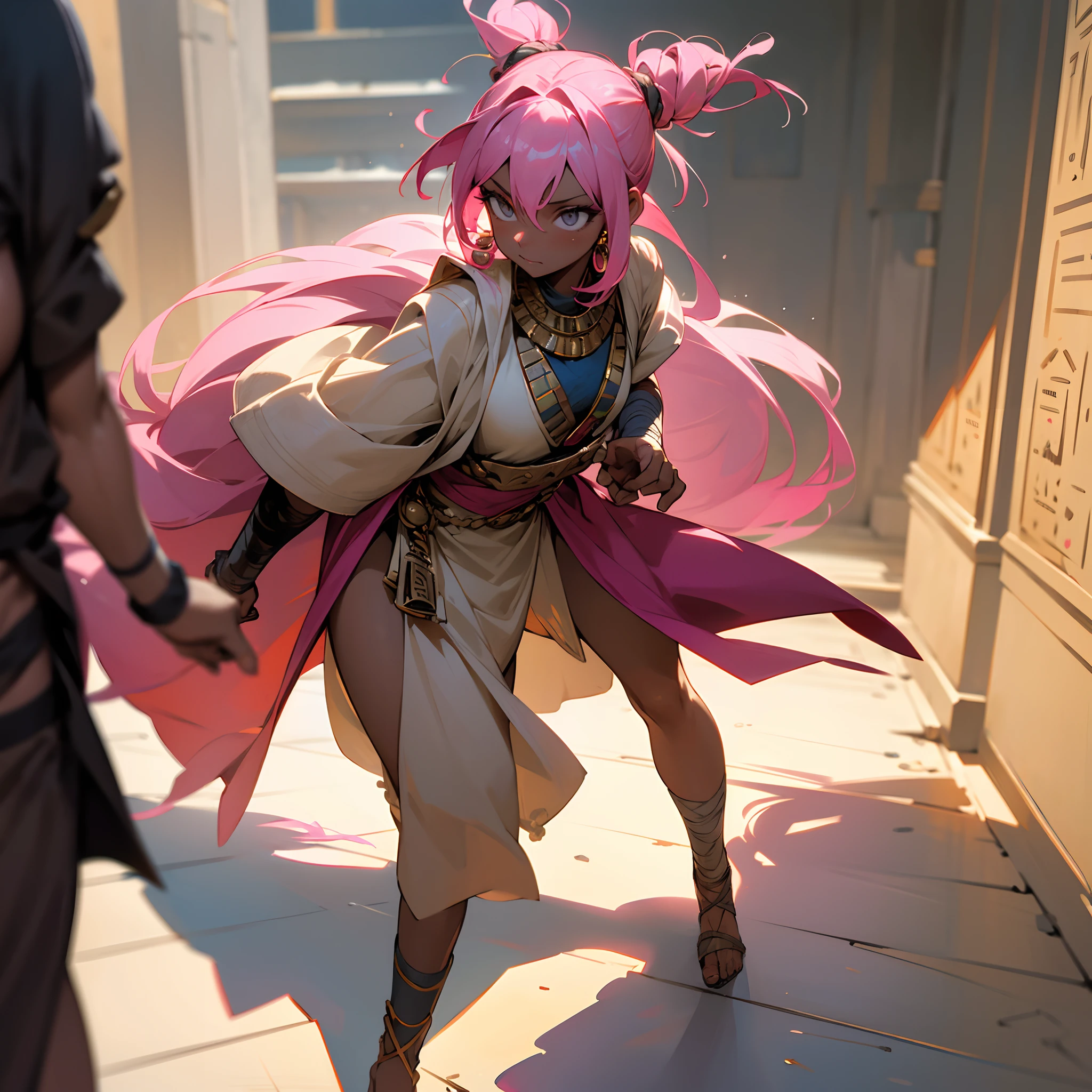 1female, dark skin, messy pink hair man bun, grey eyes, loose egyptian fancy clothes, jewelry, bandages wrapped around arms, posing with hands in pocket, best light and shadows, oasis city, walking down path, solo, large chest