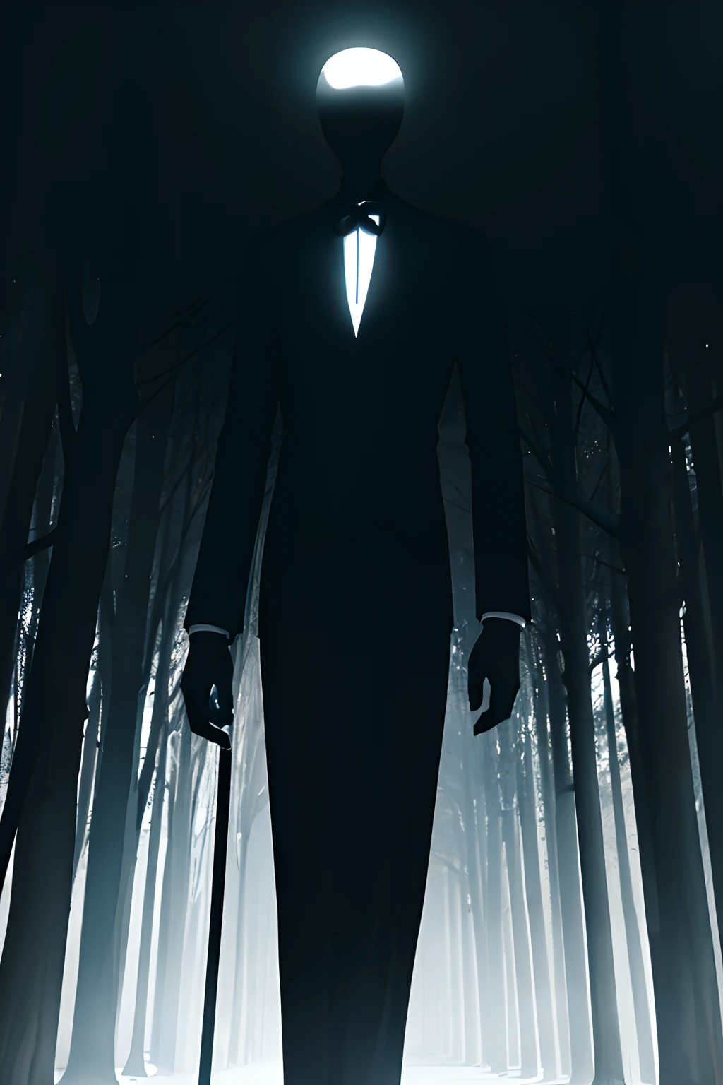 The Slender Man is described as very tall and thin, with abnormally long arms, que podem se estender para intimidar ou capturar presas. It has no face, His head is white and he wears a black suit. It is usually associated with the forest.