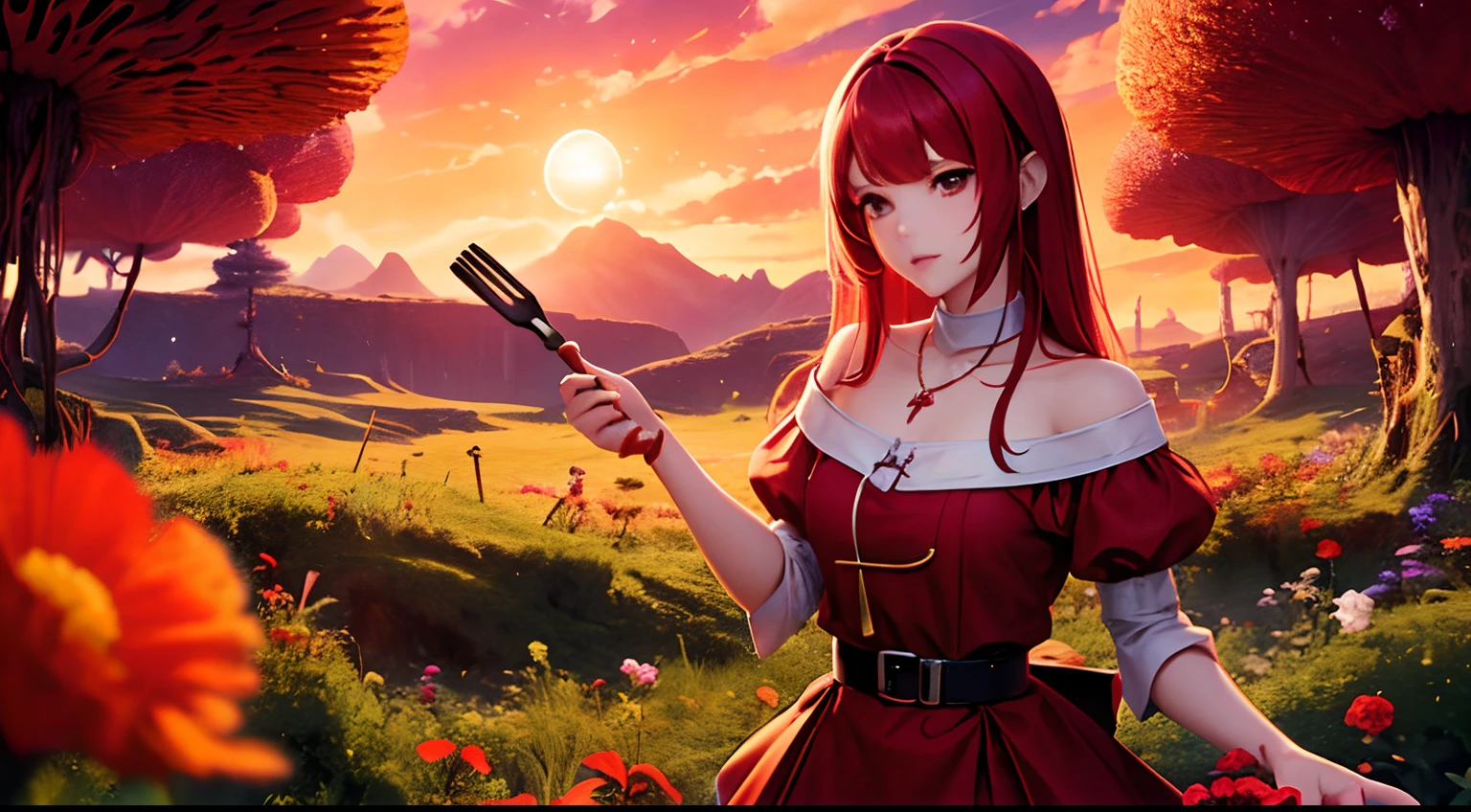 1 saint priest, red and white dress, red eyes, red hair,  girl, Spatula in hand, Best Quality, Ultra High Resolution, high detailed skin, belt, religious necklace, in a fantasy meadow, purple glowing tree, sunset, ray tracing, perfect face