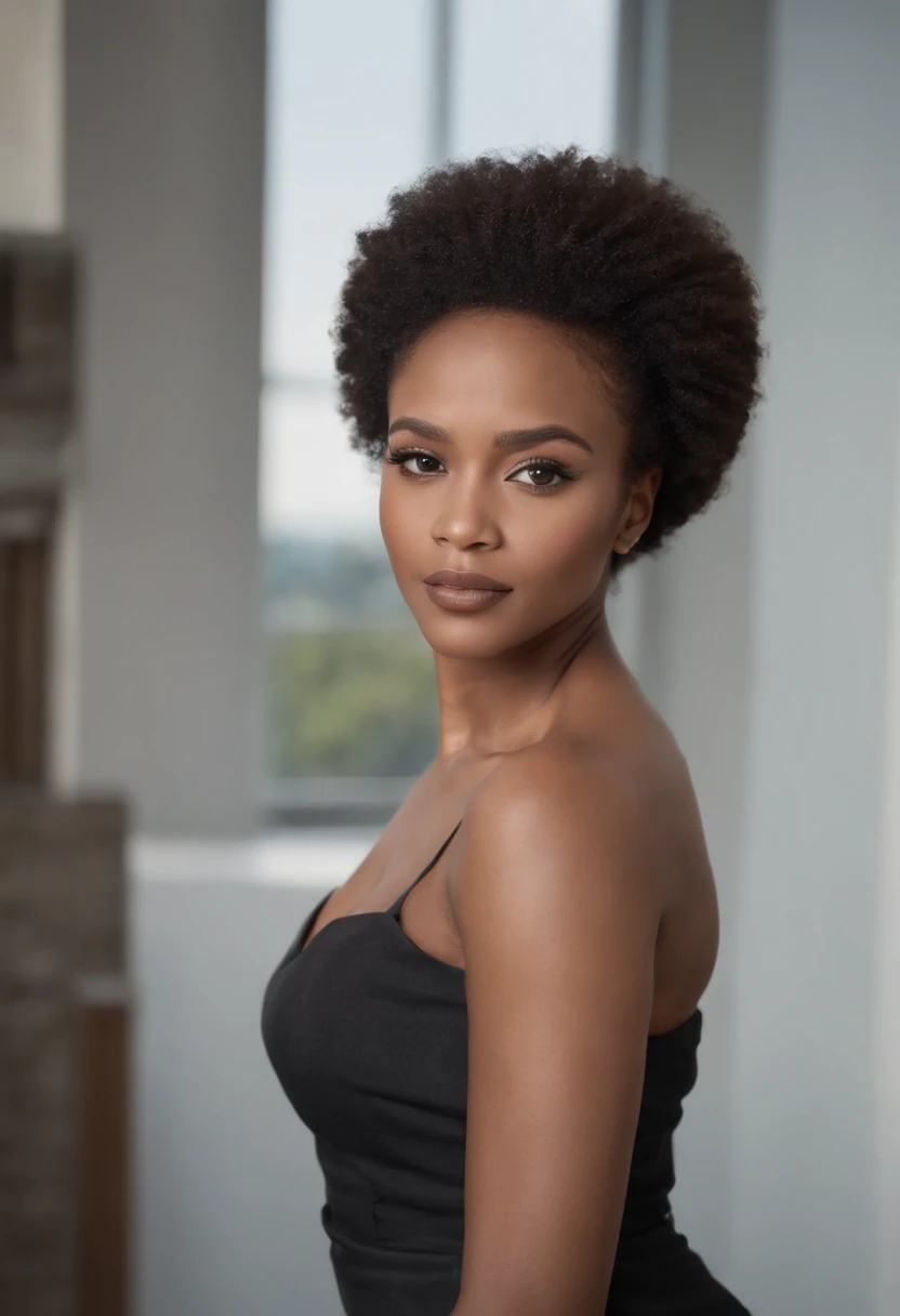 8k, highest quality, ultra details, African-American, young female, elegant attire, posing in a studio, soft lighting, natural makeup