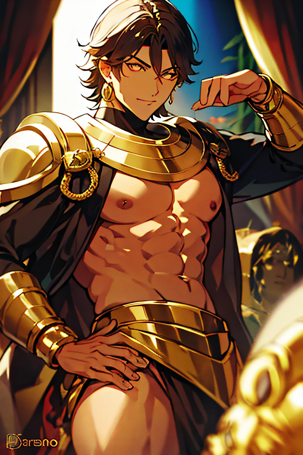 Ozymandias. piel morena, hombros anchos, ojos dorados, pecho al descubierto. sonrisa coqueta. pectorales. arrogante. PECTORALES GRANDES Y FUERTES.