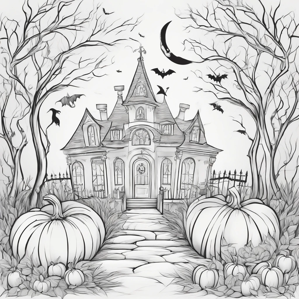 Halloween bonito, estilo dos desenhos animados, plano de fundo do desenho de linha, fundo branco, monocromatic, desenho de linhas, ((esquete)), Baby Coloring Linhas grossas afiadas.