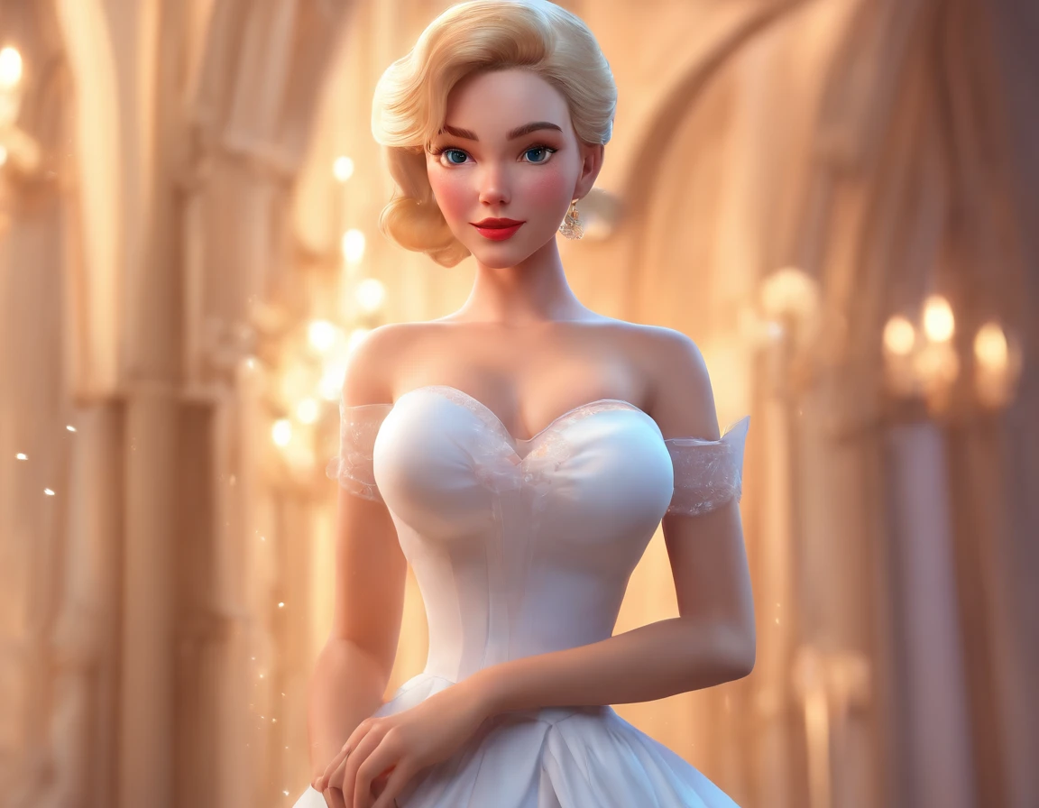 maximum high quality、16k、Blonde young beautiful French woman、large full breasts、breast cleavage、chignon hairstyle、20th century white long dress、Slim waist and big hips, Looking forward, disney drawing