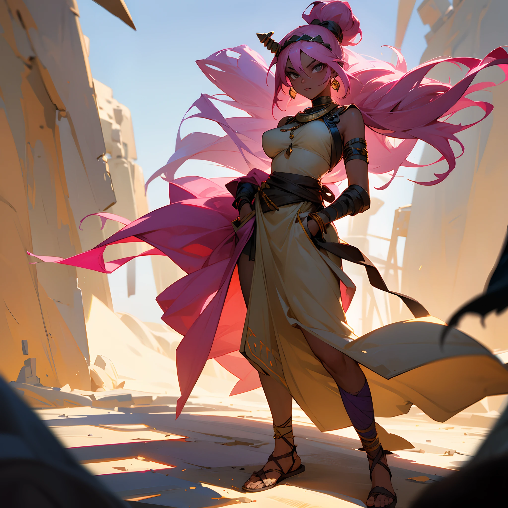 1female, dark skin, messy pink hair man bun, grey eyes, loose egyptian fancy clothes, jewelry, bandages wrapped around arms, posing with hands in pocket, best light and shadows, oasis city, walking down path, solo, big breast
