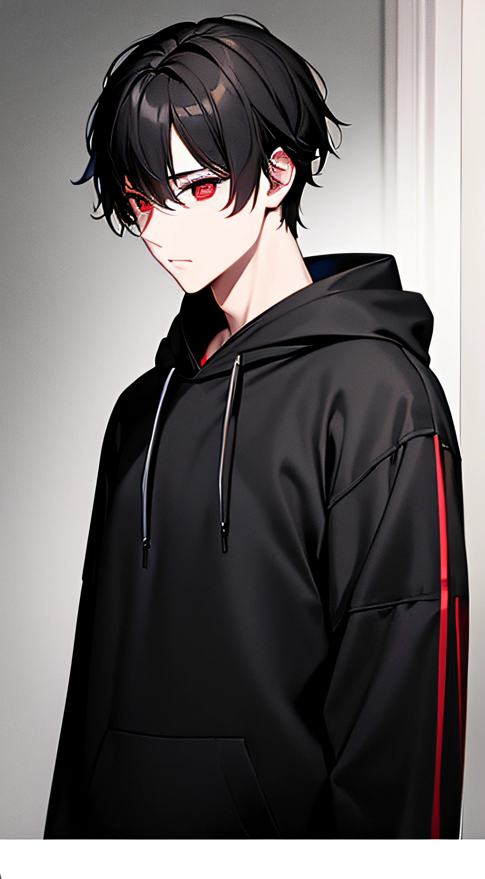 1 boy black hair red eye half body black hoodie realistic eye