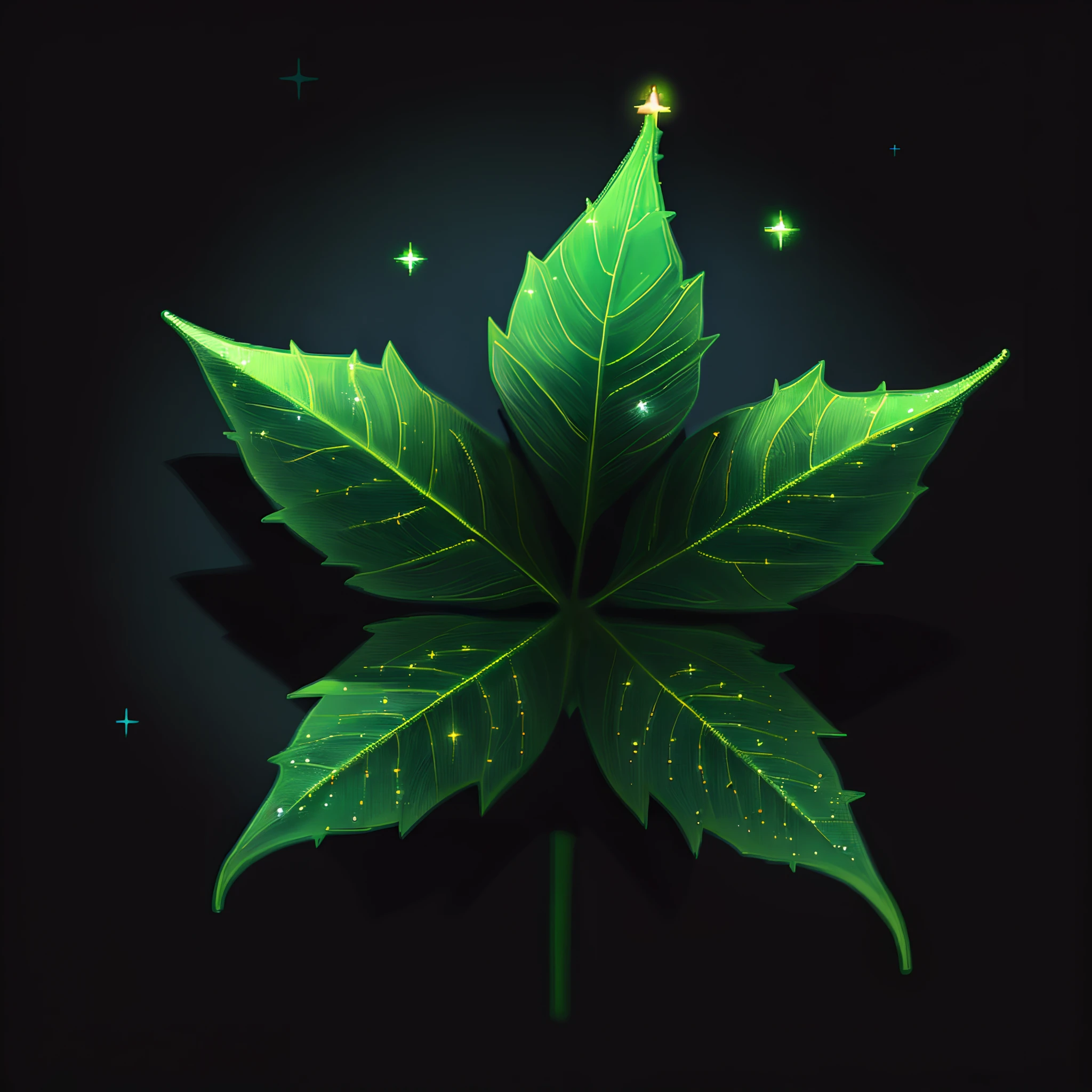 pixel art, star leaf with an emerald hue that reflects the night sky, black background