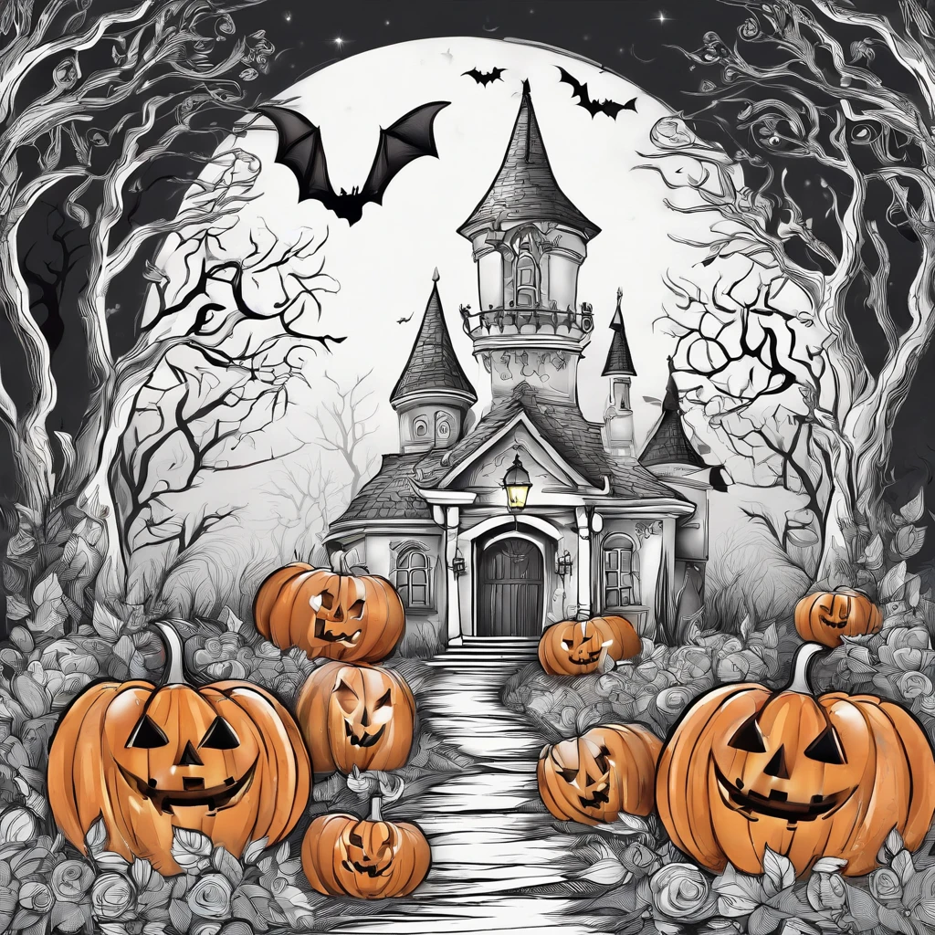 Halloween bonito, estilo dos desenhos animados, plano de fundo do desenho de linha, fundo branco, monocromatic, desenho de linhas, ((esquete)), Baby Coloring Linhas grossas afiadas.