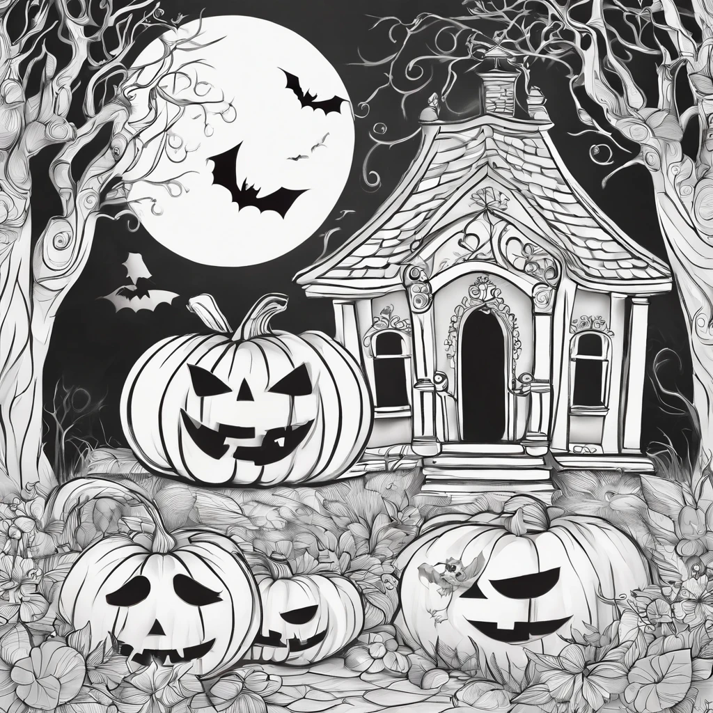 Halloween bonito, estilo dos desenhos animados, plano de fundo do desenho de linha, fundo branco, monocromatic, desenho de linhas, ((esquete)), Baby Coloring Linhas grossas afiadas.