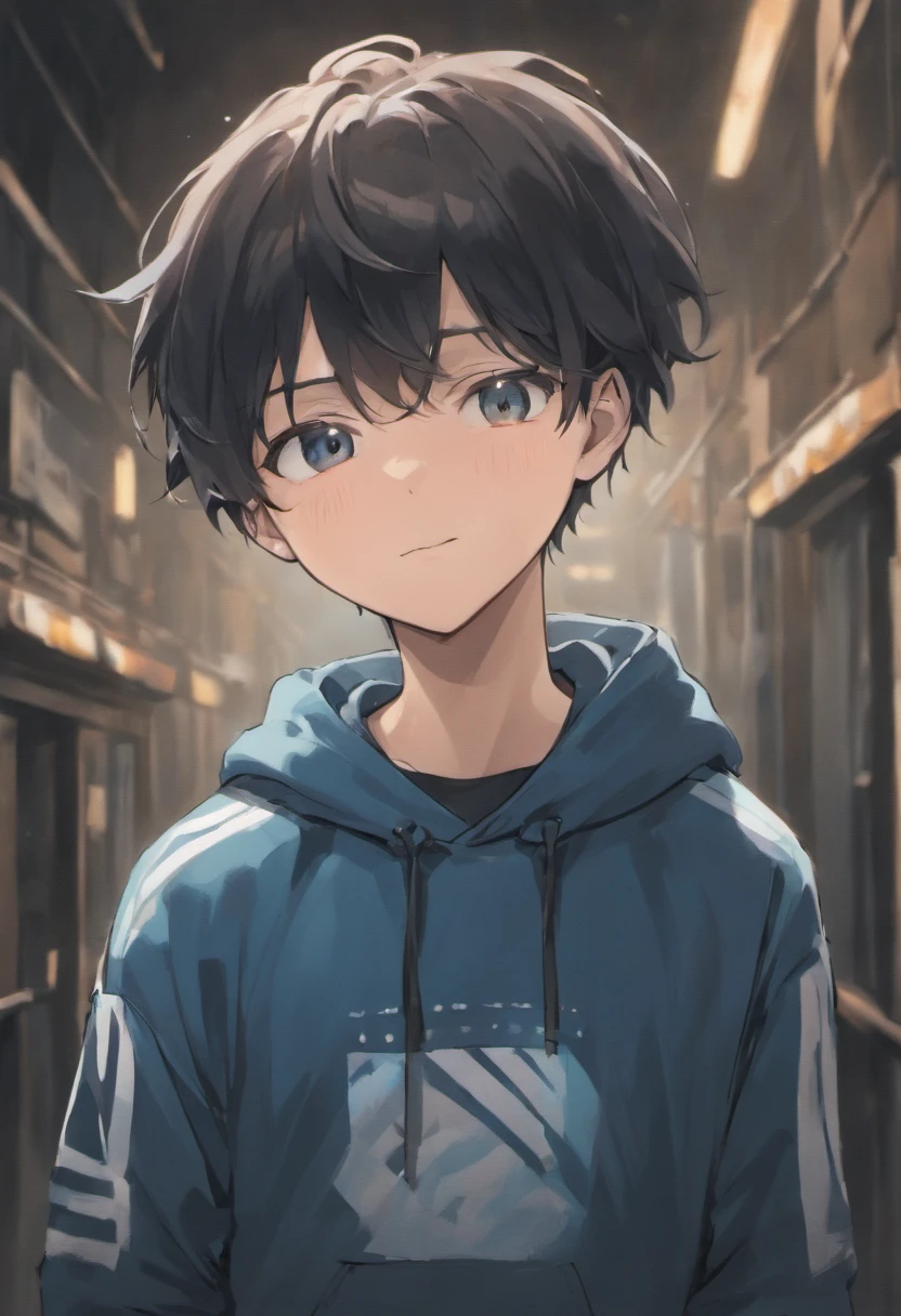 Upper body only shots, Black short hair,Focus on his upper body. He wears a white sweatshirt with blue stripes, White cap, Black shorts, He closes his eyes and smiles gently