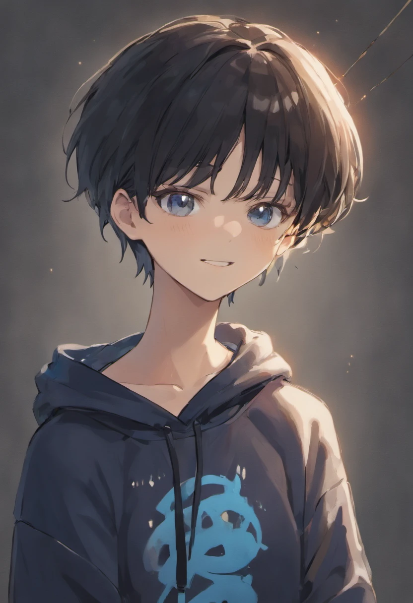 Upper body only shots, Black short hair,Focus on his upper body. He wears a white sweatshirt with blue stripes, White cap, Black shorts, He closes his eyes and smiles gently