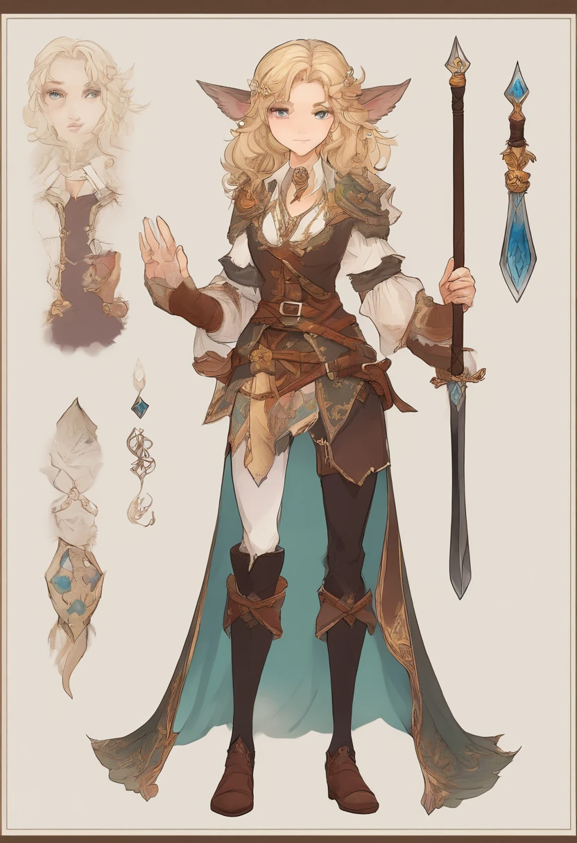 A young half-elf paladin, blonde with blue eyes, hairlong, monocle, dark outfit, three-dimensional facial features,Clear Eyes,There is a totem on the face,rough skin texture,Wear jade jewelry around your waist,Fabric shoes on the feet,The concept of a fantasy character, complex fantasy character, The concept of a heroic fantasy character, RPG concept art character, full body concept, Character posing for concept art, RPG character concept art, senior concept artist, Detailed full-body concept, fantasy character design, dark fantasy character design, concept art character, spirit fantasy concept art