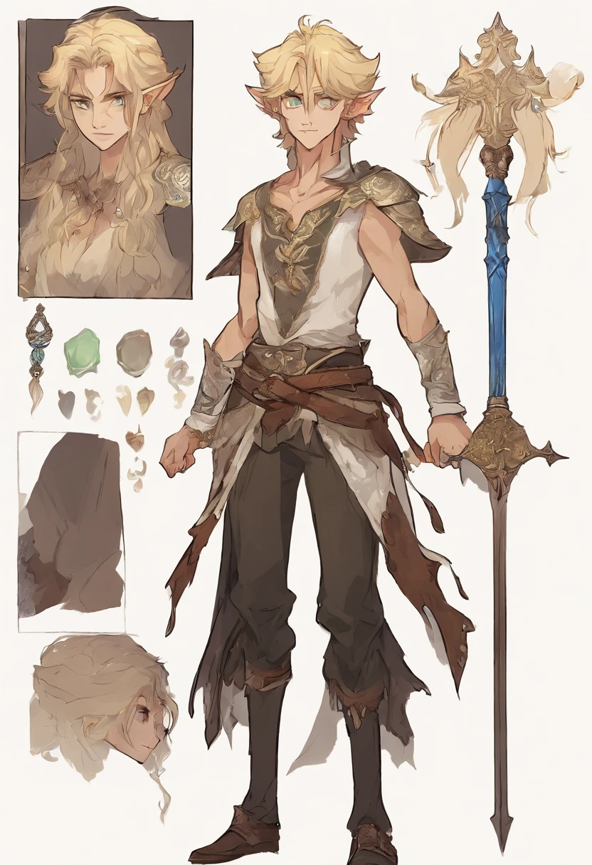 A young half-elf paladin, blonde with blue eyes, hairlong, monocle, dark outfit, three-dimensional facial features,Clear Eyes,There is a totem on the face,rough skin texture,Wear jade jewelry around your waist,Fabric shoes on the feet,The concept of a fantasy character, complex fantasy character, The concept of a heroic fantasy character, RPG concept art character, full body concept, Character posing for concept art, RPG character concept art, senior concept artist, Detailed full-body concept, fantasy character design, dark fantasy character design, concept art character, spirit fantasy concept art