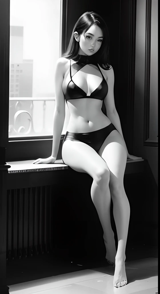 monochrome, full body, sexy, sit down