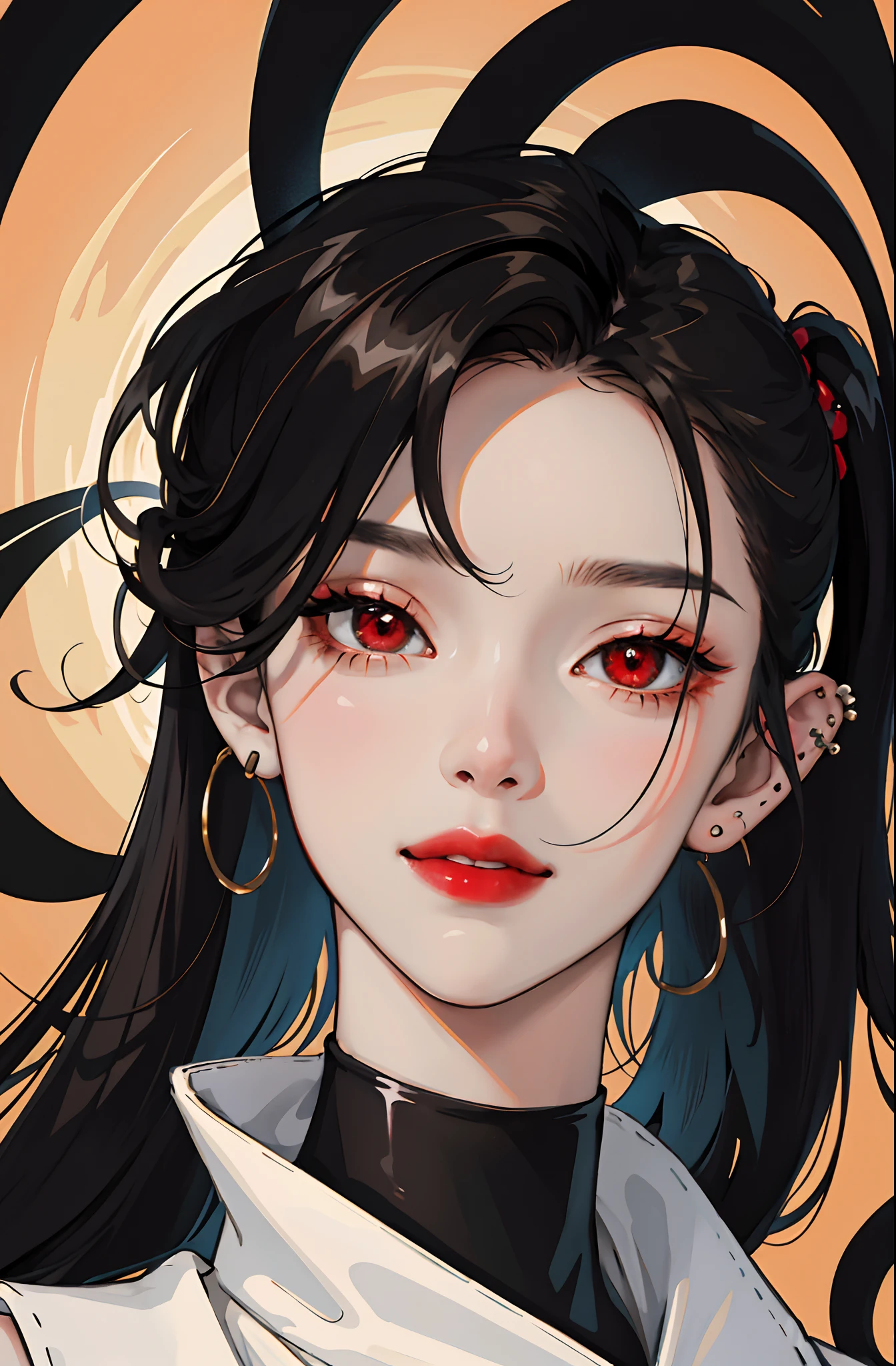 Masterpiece, Best Quality, hight resolution, a 1girl, with black hair, looks at the viewer, close up portrait shot, Asiatic, wearing a black turtleneck, with piercings, Smiling, red lipstick, red-eyes
