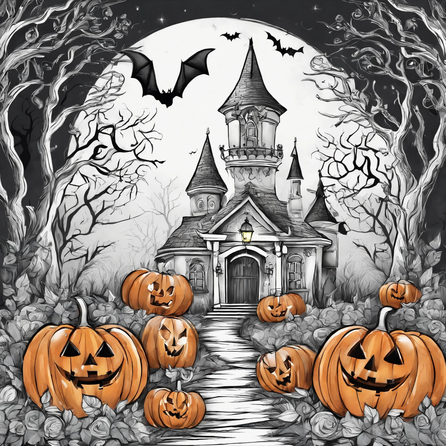 Halloween bonito, estilo dos desenhos animados, plano de fundo do desenho de linha, fundo branco, monocromatic, desenho de linhas, ((esquete)), Baby Coloring Linhas grossas afiadas.