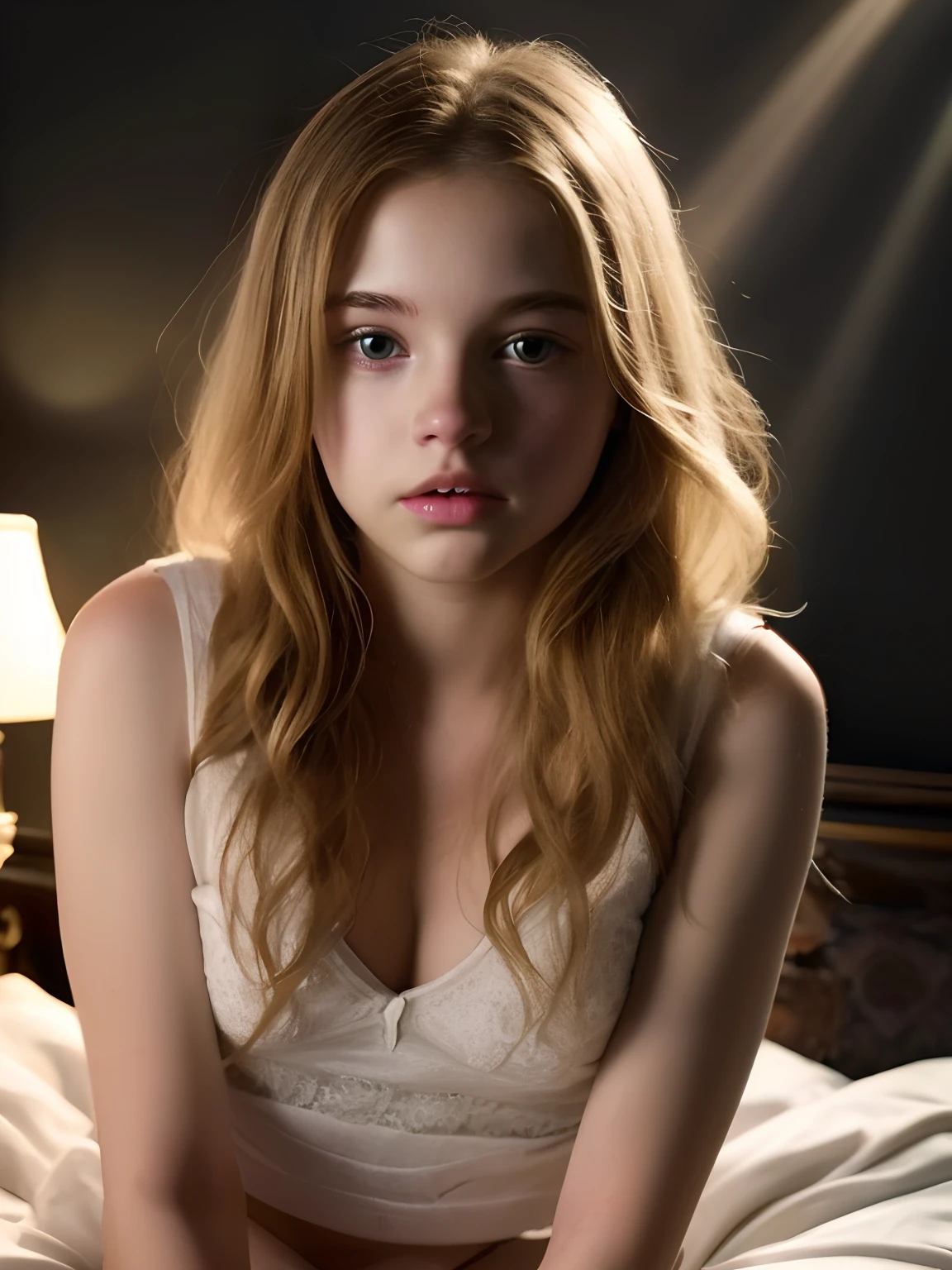 Portrait of an 18 year old cute beautiful perfect face petit teen, Russian, in cotton panties, in bed, (dark private study, dark and moody light: 1.2)