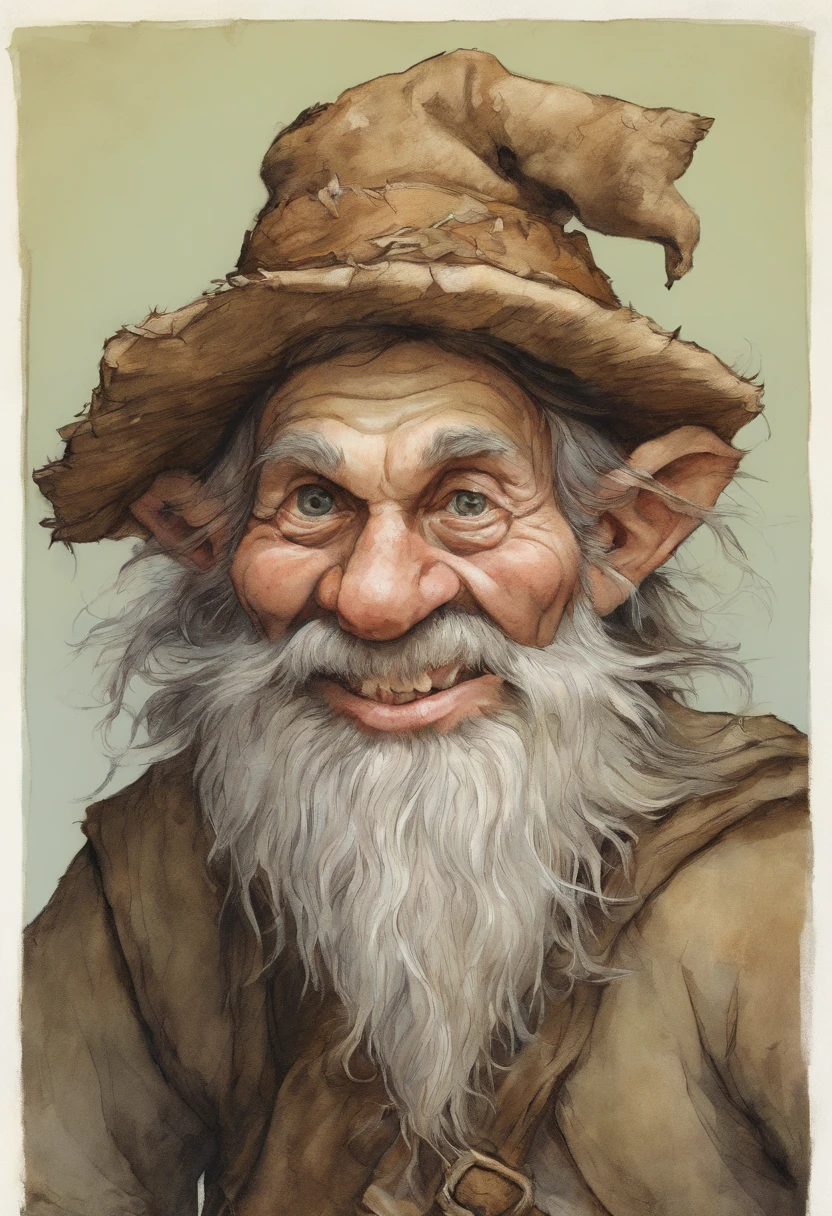 Close-up of a cartoon gnome with a hat and backpack, trajes azuis, a stick in the left hand, arte conceitual par Tony DiTerlizzi, Vencedor do concurso Artstation, Inculto, Brian Froud Juan Gimenez, Retrato de um gnomo chamado Eldon, Jean - Baptiste Monge, Estilo Brian Froud, Monge Jean-Baptiste Monge, John the Baptist Monk. Aparencia jovial, jovem, sorridente, sonhador