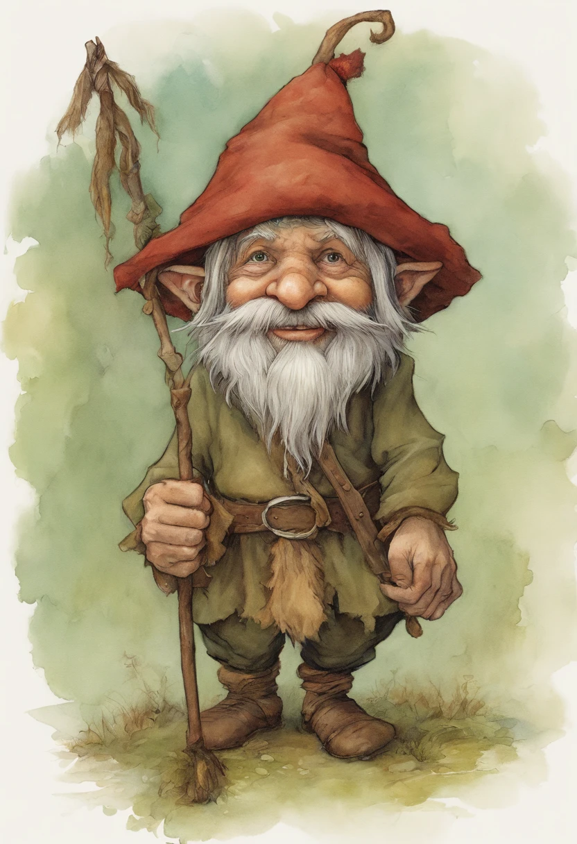 Close-up of a cartoon gnome with a hat and backpack, trajes azuis, a stick in the left hand, arte conceitual par Tony DiTerlizzi, Vencedor do concurso Artstation, Inculto, Brian Froud Juan Gimenez, Retrato de um gnomo chamado Eldon, Jean - Baptiste Monge, Estilo Brian Froud, Monge Jean-Baptiste Monge, John the Baptist Monk. Aparencia jovial, jovem, sorridente, sonhador