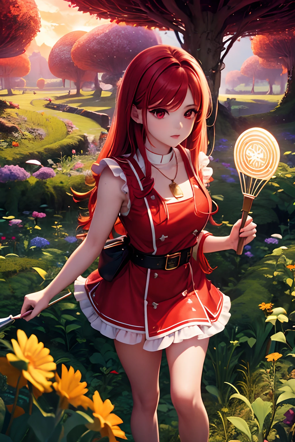 1 saint priest, red and white dress, red eyes, red hair, 16 years old girl, Spatula in hand, Best Quality, Ultra High Resolution, high detailed skin, high detailed face, belt, religious necklace, in a fantasy meadow, purple glowing tree, red sun, Best Quality, Ultra High Resolution, Best Quality, Ultra High Resolution,