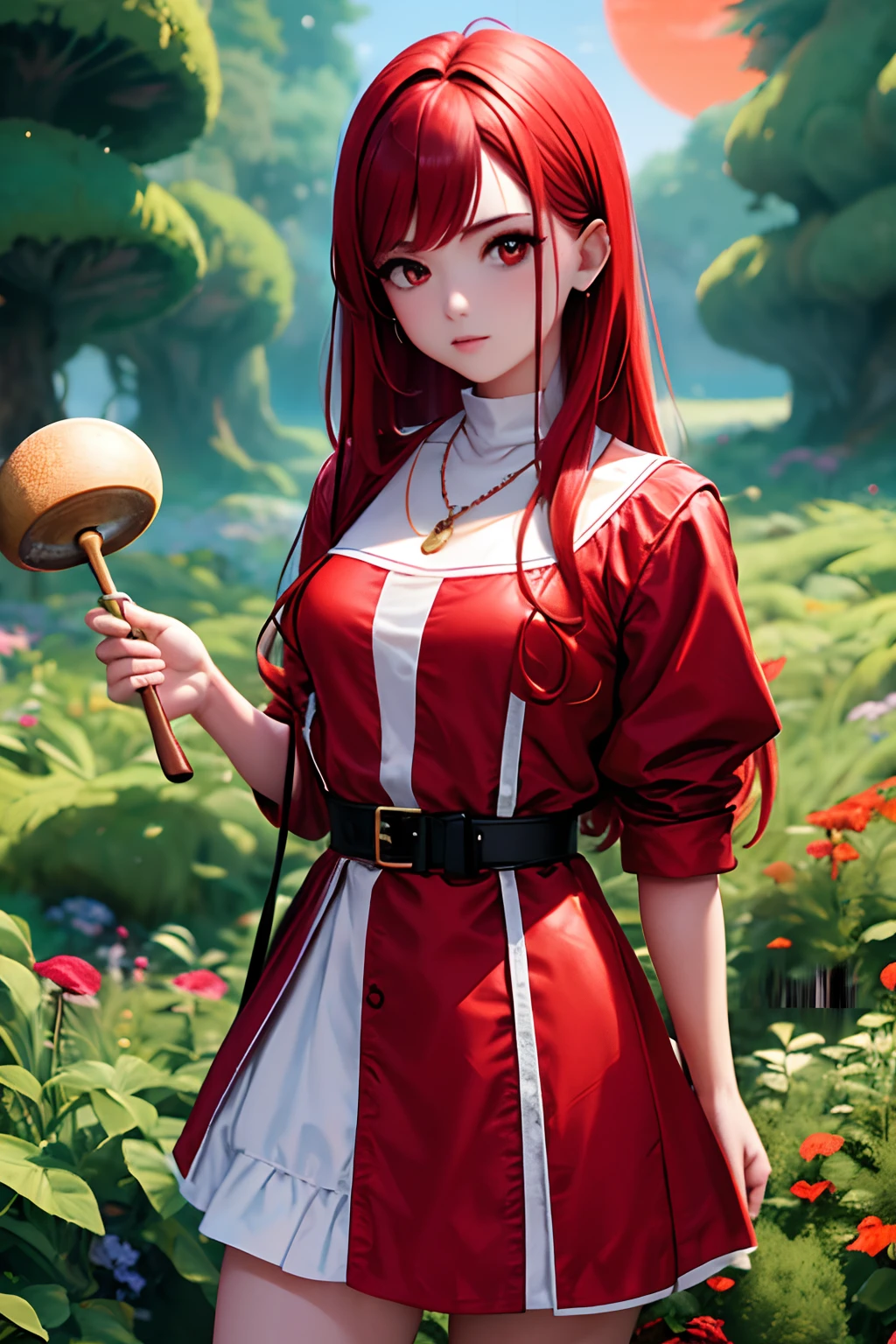 1 saint priest, red and white dress, red eyes, red hair,  girl, Spatula in hand, Best Quality, Ultra High Resolution, high detailed skin, high detailed face, belt, religious necklace, in a fantasy meadow, purple glowing tree, red sun, Best Quality, Ultra High Resolution, Best Quality, Ultra High Resolution,