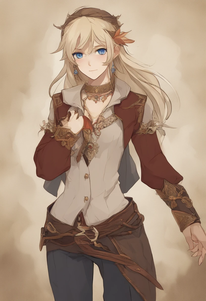 A young half-elf male paladin sits at a Saloon in the Old West, blonde with blue eyes, beard hairlong, monocle, dark outfit, three-dimensional facial features,Clear Eyes,There is a totem on the face,rough skin texture,Wear jade jewelry around your waist,Fabric shoes on the feet,The concept of a fantasy character, complex fantasy character, The concept of a heroic fantasy character, RPG concept art character, full body concept, Character posing for concept art, RPG character concept art, senior concept artist, Detailed full-body concept, fantasy character design, dark fantasy character design,