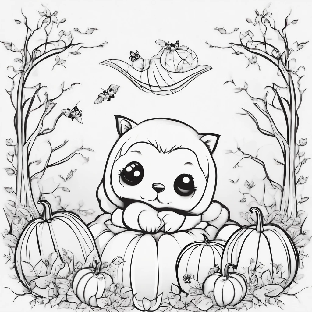 Halloween bonito, estilo dos desenhos animados, plano de fundo do desenho de linha, fundo branco, monocromatic, desenho de linhas, ((esquete)), Baby Coloring Linhas grossas afiadas.