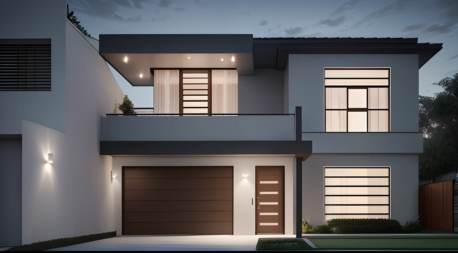 Front view of a house, ((estilo moderno), ((Ground floor only)), high ceiling height,garagem, porta, janela, jardim, entrada concretada, night lighting, Lumion Pro rendering, cinematografic