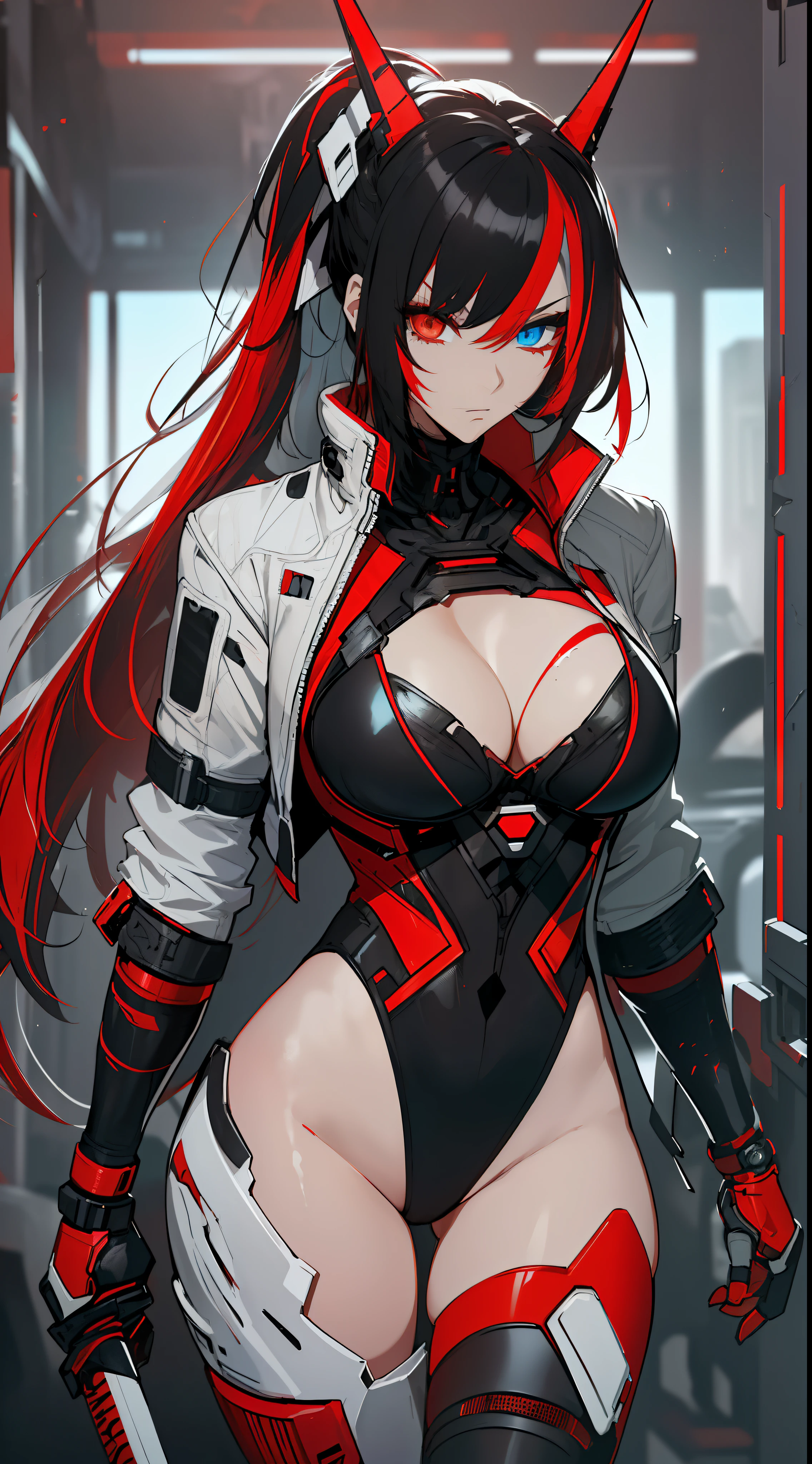 (best quality, masterpiece, anime) (solo) ((black hair:1.8), (hair with red highlights:1.7), (very long hair, single ponytail)), ((heterochromia_eyes_red_and_grey:1.4)), thick thighs, huge breasts, muscular, athletic, (cyborg:1.5), (robot arms:1.4), (robot legs:1.4), ((highcut leotard:1.8), one-piece, red_black_outift:1.3,) cleavage)), (jacket:1.3), (headgear, horn-like devices), toned body, 1 woman, (age 26), ((holding sword:1.6, katana, glowing)), beautiful, sexy, first rate body, (Lucia_Crimson_Weave:1.4), Lucia