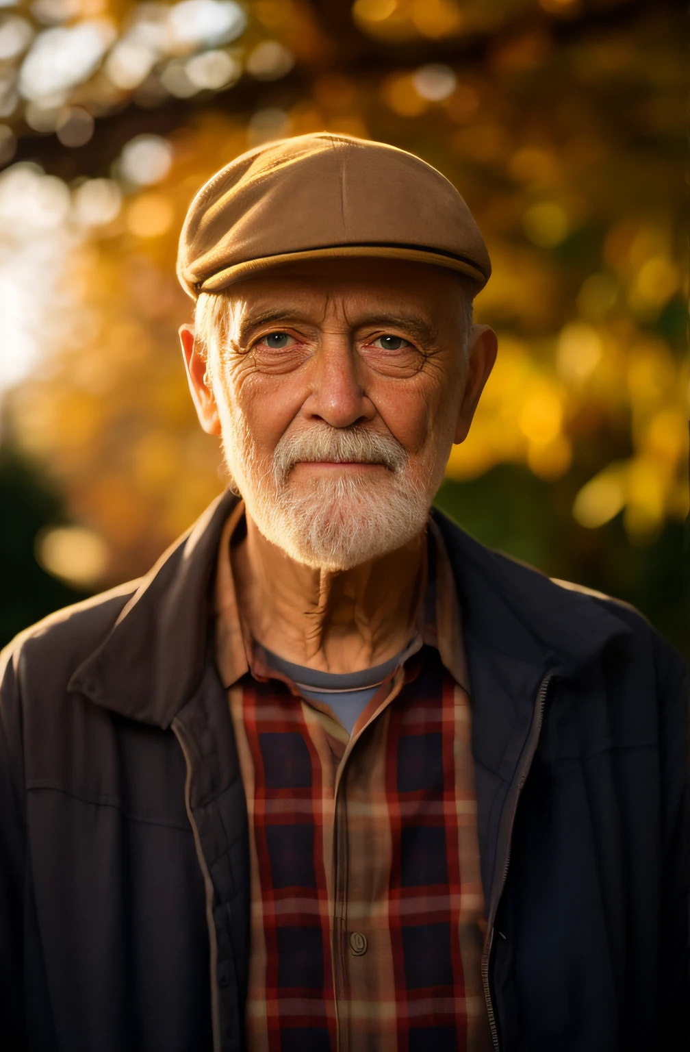 Man with hat and plaid shirt standing in front of a tree, foto do retrato de um homem velho, foto retrato suave 8 k, foto de um homem, um velho com barba de gengibre, Retrato de esconder a dor Harold, O olhar de um idoso, retrato do homem velho, Retrato de 50mm, um homem de 80 anos