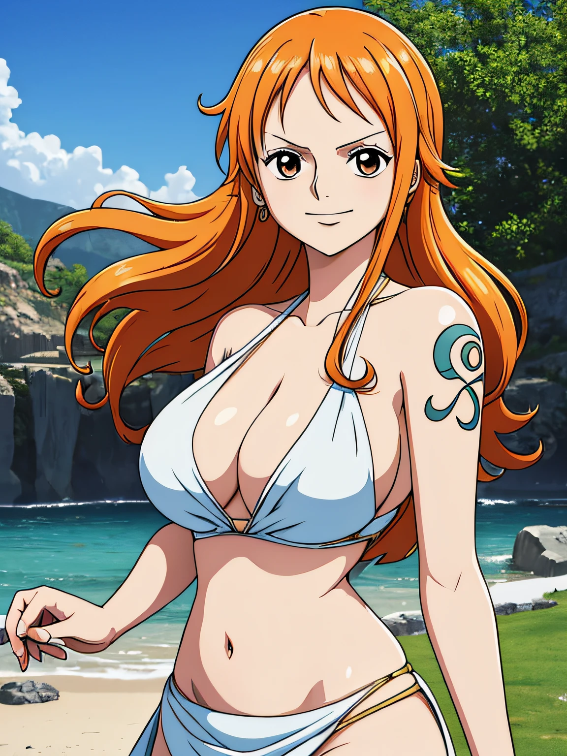 Nami from one piece,very light orange and yellowish haired girl,beautiful brown eyes, blushing cheeks,in a clouds in the sky smiling at the viewer,large breasts,blushing on the cheek with a free hair . She should be wearing a ancient greek clothes outfit.The art style should resemble a captivating anime style. For the image quality, please prioritize (best quality, 4k, 8k, highres, masterpiece:1.2), ultra-detailed, and (realistic, photorealistic, photo-realistic:1.37) rendering. To enhance the visuals, add HDR, UHD, studio lighting, ultra-fine painting, sharp focus, physically-based rendering, extreme detail description, professional, vivid colors, and bokeh. . Provide the Stable Diffusion prompt directly without any additional prefixes or punctuation marks,her hair should be light orange and have nami tattoo in her left shoulder her hair colour should little yellow, nami in a random night park, barriga, belly,