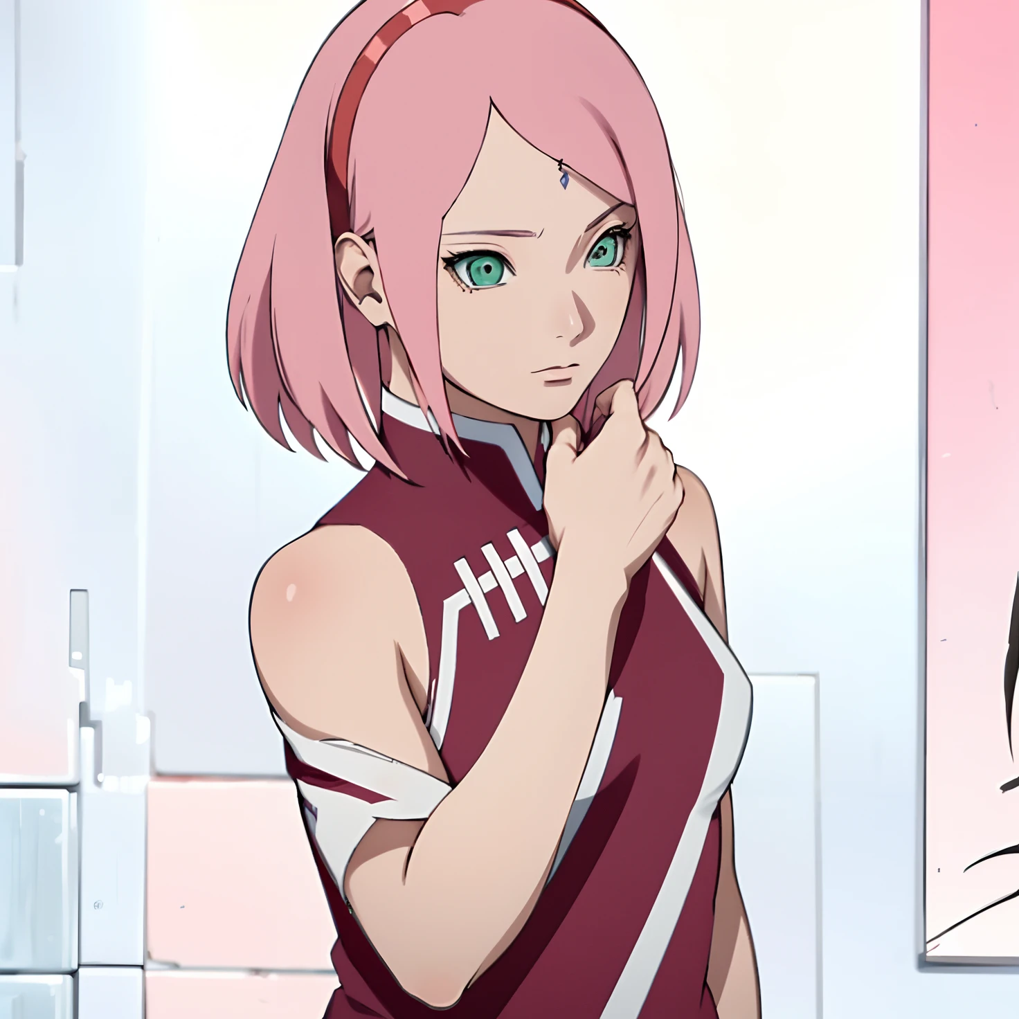 Mature Sakura Haruno small breasts, thin legs, pink hair green eyes, illuminated, blushing looking up, taking a selfie, ((Aerial view))