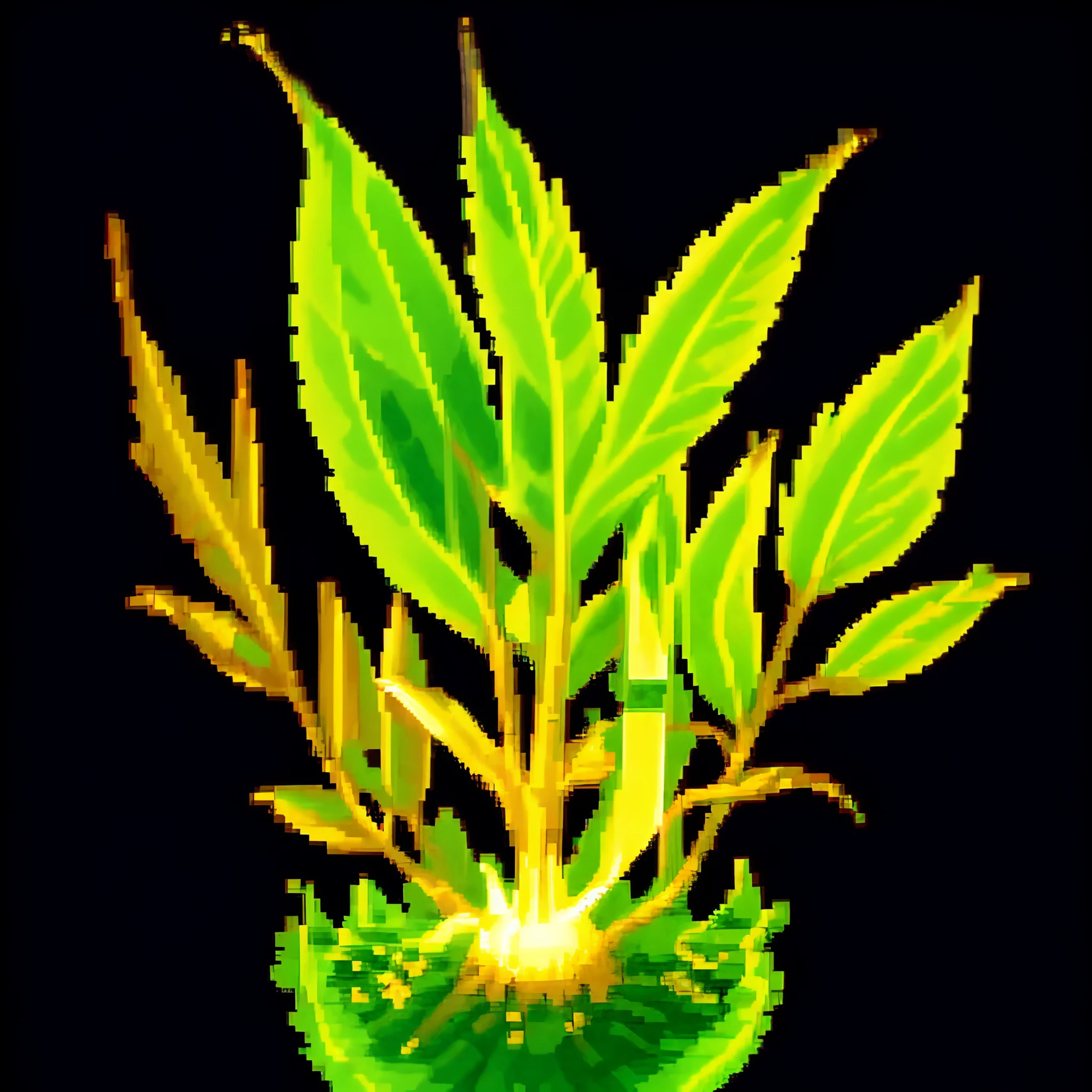 pixel art, glimmering root emitting a soft soothing glow, common herb, black background