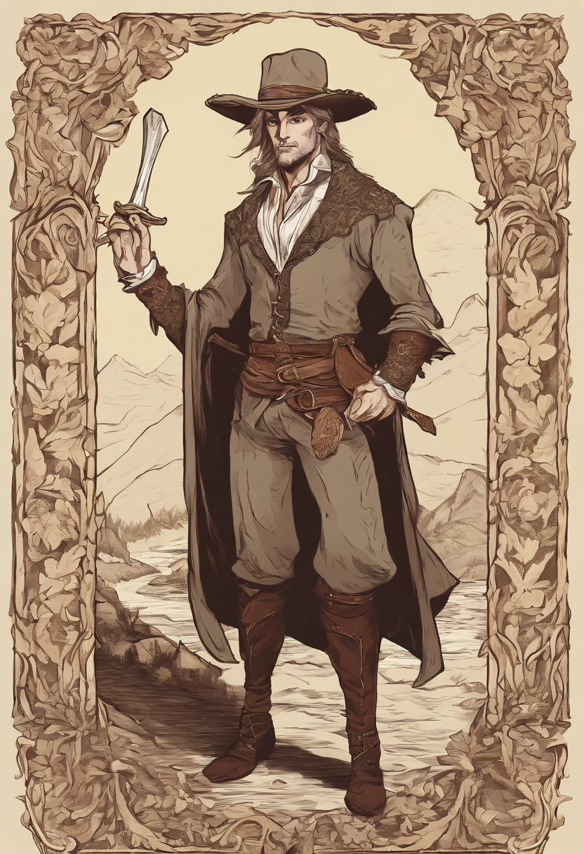 Retro, dark fantasy, hand painted, in the style of an 80's fantasy book cover. A large half-elf with small pointed ears. Wearing a monocle. Shaved hair. Cowboy outfit, Full body portrait. Standing in the corner of a western-style saloon. Mediterranean skin tone.