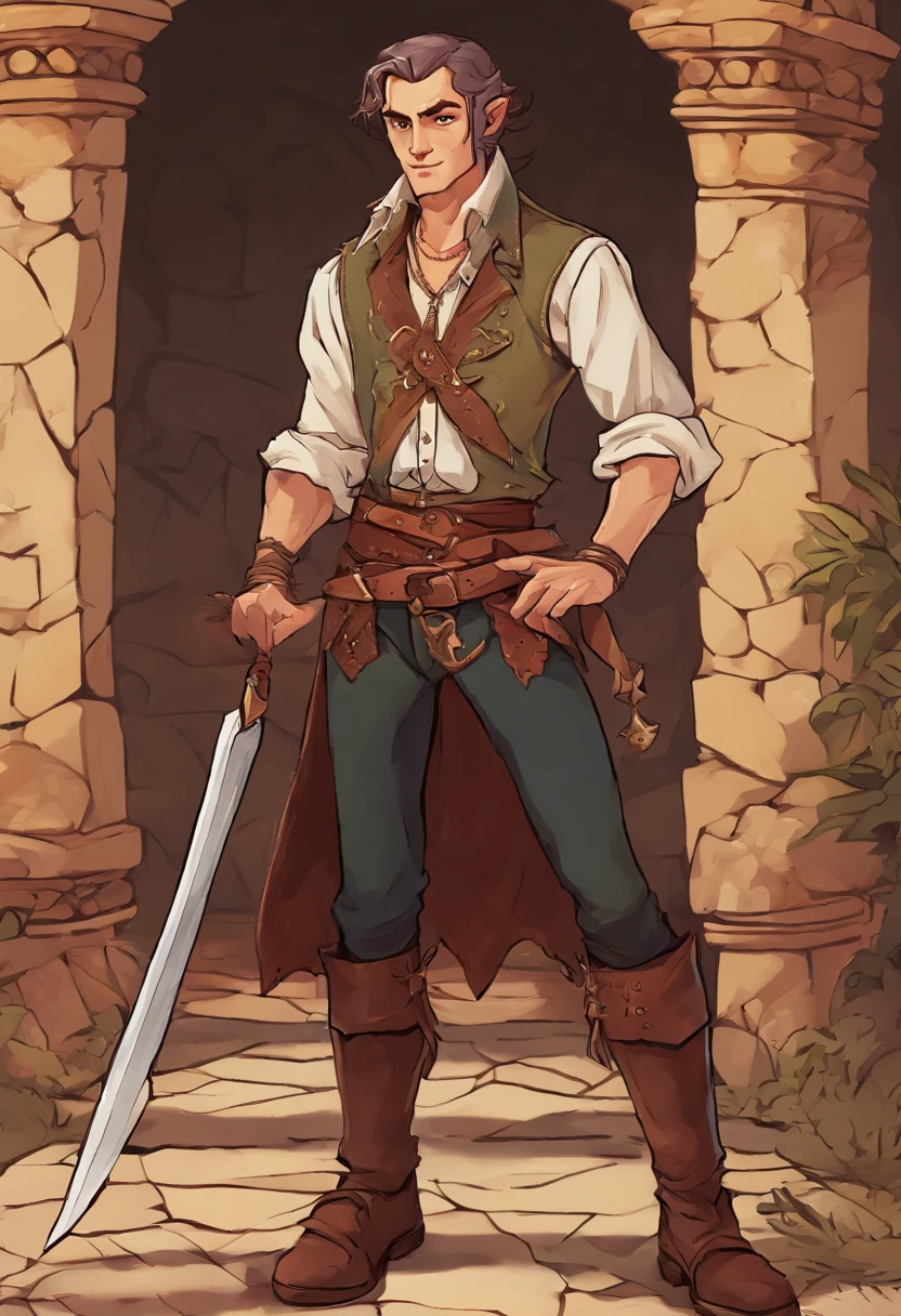 Retro, dark fantasy, hand painted, in the style of an 80's fantasy book cover. A large half-elf with small pointed ears. Wearing a monocle. Shaved hair. Cowboy outfit, Full body portrait. Standing in the corner of a western-style saloon. Mediterranean skin tone.