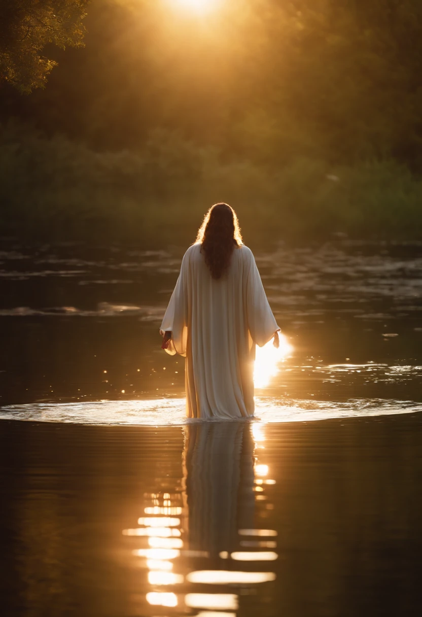 (best quality,8k,ultra-detailed,realistic,masterpiece:1.2),Jesus Christ walking on water,beautiful flowing water,glorious sunlight,peaceful atmosphere,serene expression,ethereal halo,divine aura,heavenly background,holy light shimmering,vivid colors,religious art,spiritual scene,spectacular reflection majestic,inspiring,triumphant pose,faith and miracles.