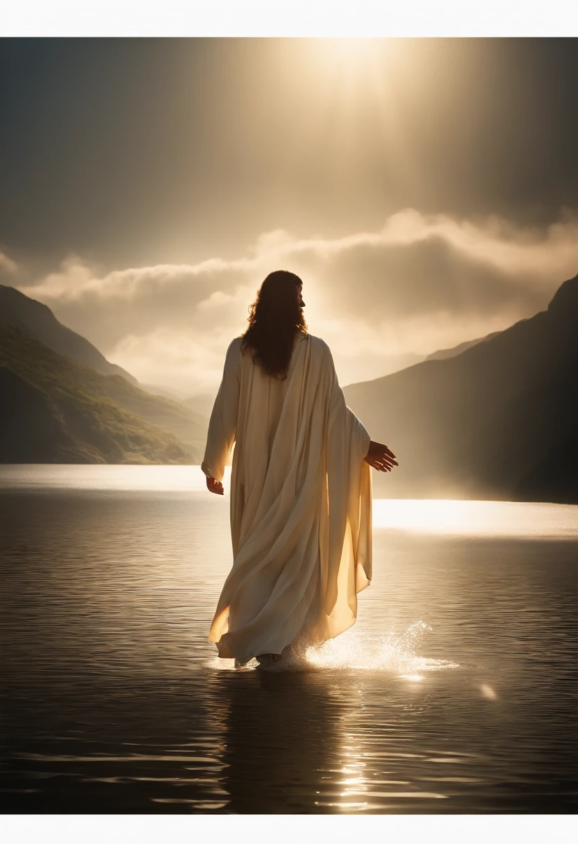 (best quality,8k,ultra-detailed,realistic,masterpiece:1.2),Jesus Christ walking on water,beautiful flowing water,glorious sunlight,peaceful atmosphere,serene expression,ethereal halo,divine aura,heavenly background,holy light shimmering,vivid colors,religious art,spiritual scene,spectacular reflection majestic,inspiring,triumphant pose,faith and miracles.
