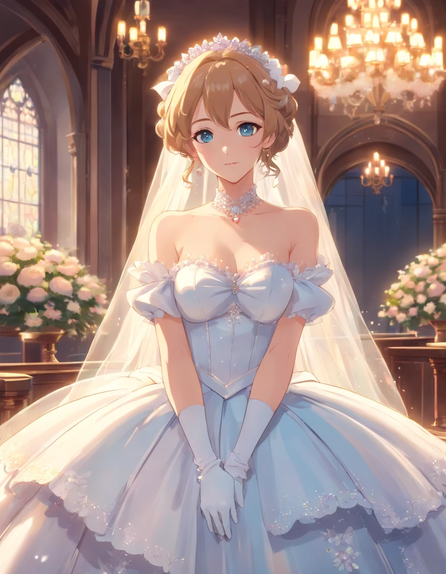 Best quality, Masterpiece, a stunningly beautiful Greer Grammer as a royal bride wearing a stately and elaborate royal wedding dress of white satin and tulle adorned with huge ribbon bows, lace, frills, flounces, embroidery and jewels, with enormous puffed sleeves, an hourglass waist and a voluminous crinoline hoopskirt, bustle, and train, long white gloves, pearl necklace and earrings, elaborately curled and styled hair