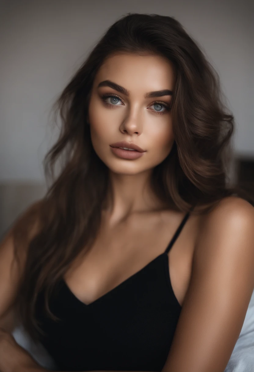 Arafed woman completely , hispanic, fille sexy aux yeux bruns, ultra realist, Meticulously detailed, Portrait Sophie Mudd, cheveux bruns et grands yeux, selfie of a young woman, Yeux de chambre, Violet Myers, sans maquillage, maquillage naturel, looking straight at camera, Visage avec Artgram, Maquillage subtil, Great photo of the whole body kneeling on the bed, dans le salon, Medium to large bust