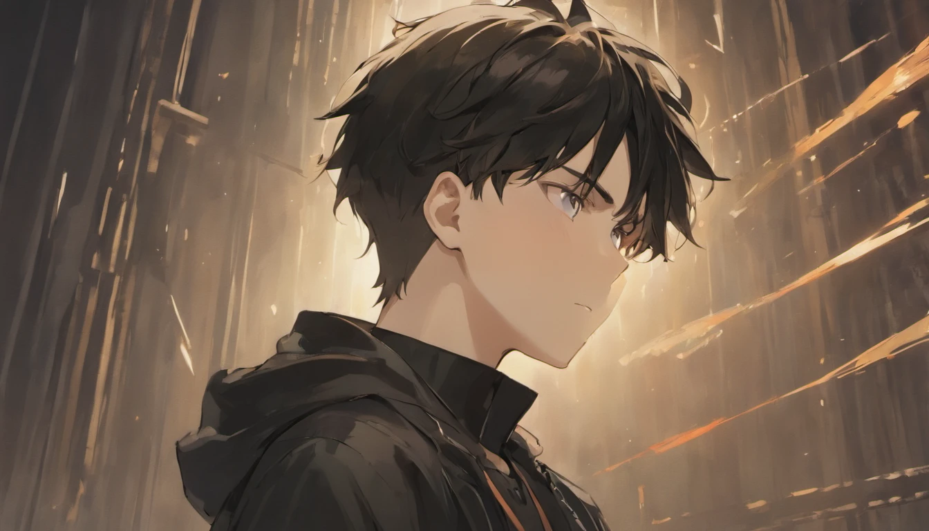 Upper body only shots, Young man looking up,Black short hair,He wears a black jacket over a white shirt with a stand-up collar,He closes his eyes and smiles gently